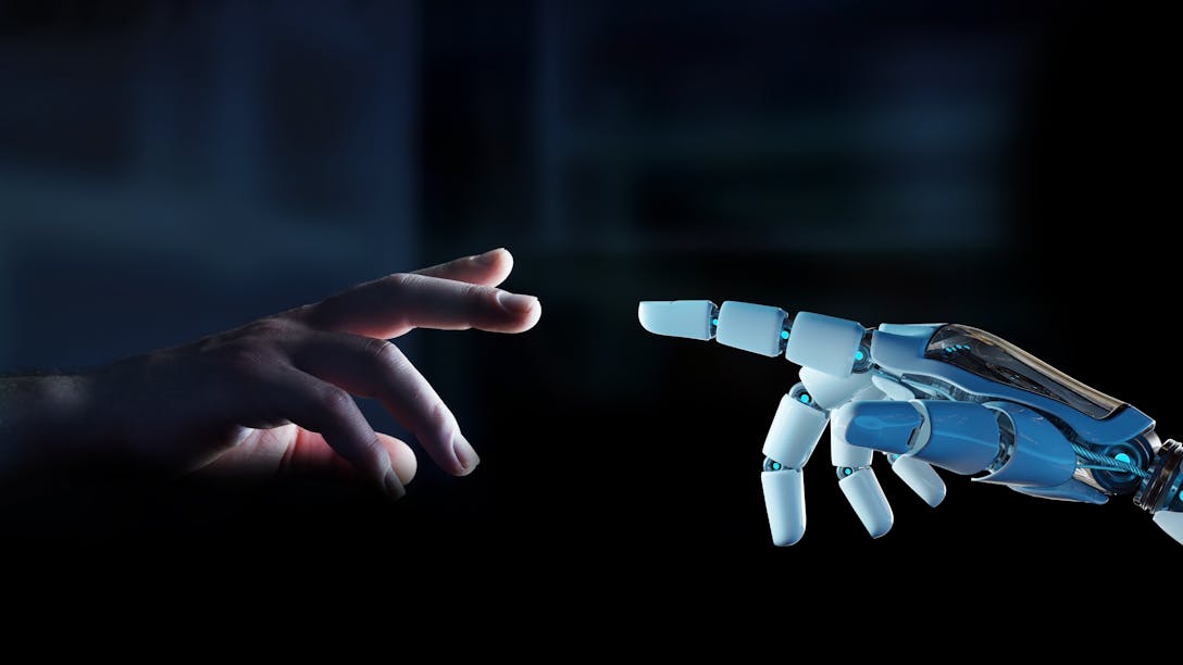 Human hand and robot hand pointing fingers