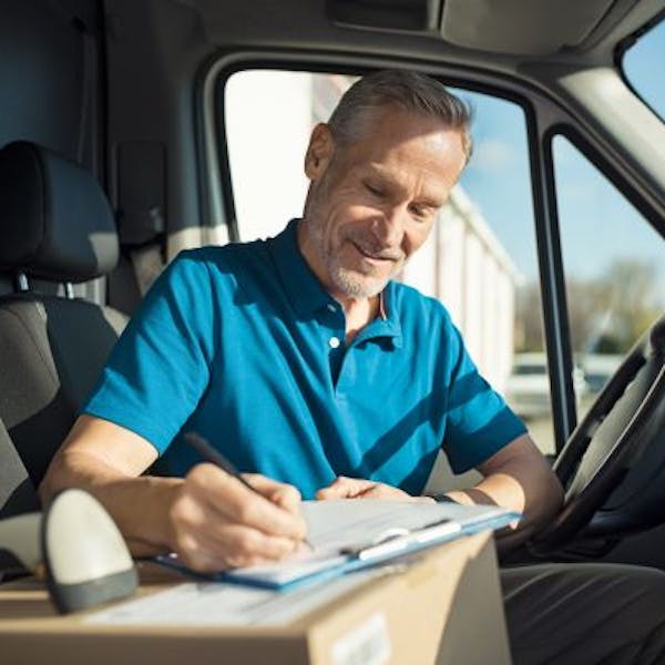 A delivery driver fills out an order form in his van