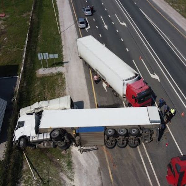 A lorry trailer blocking the path of a heavy goods vehicle