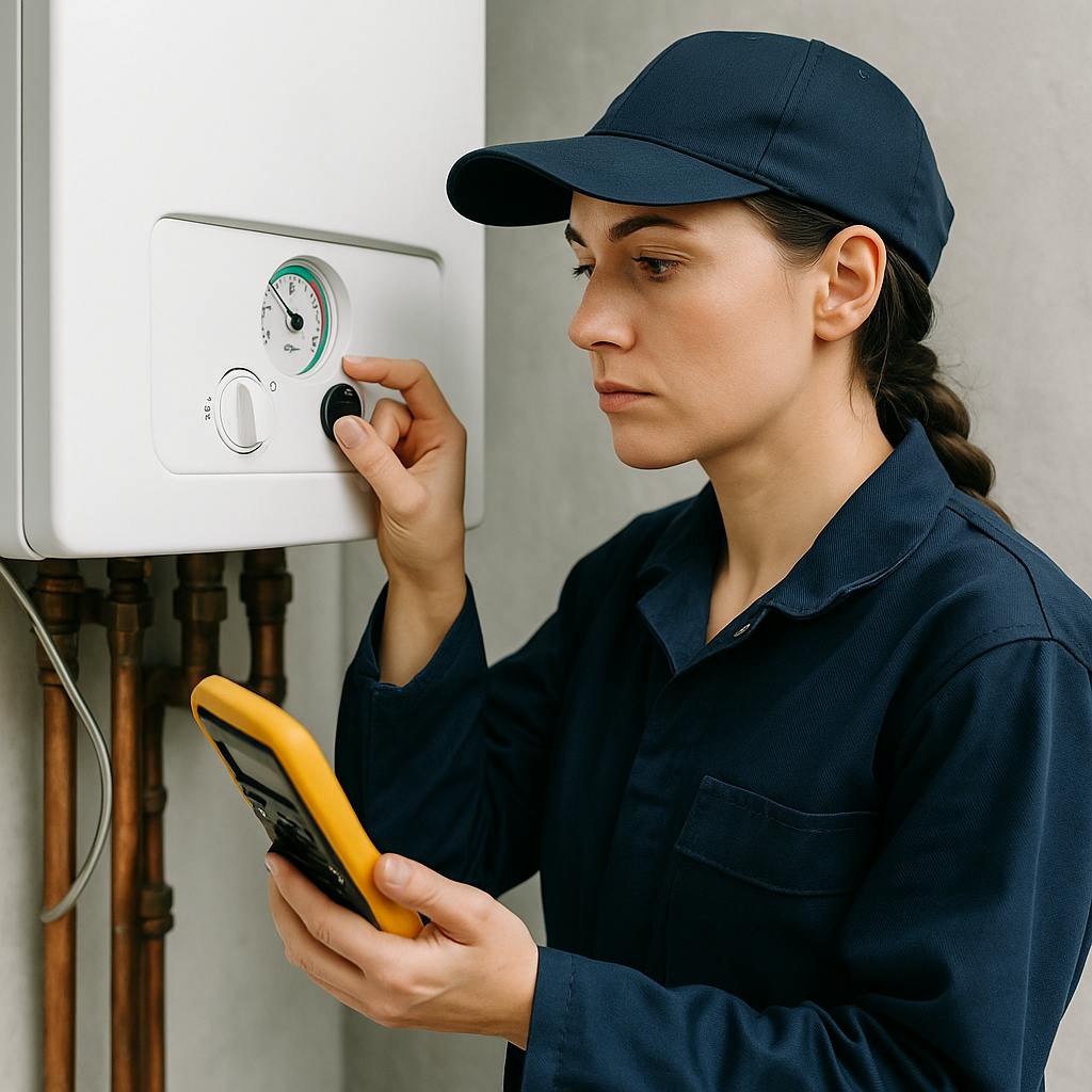 Female plumber doing gas safety check