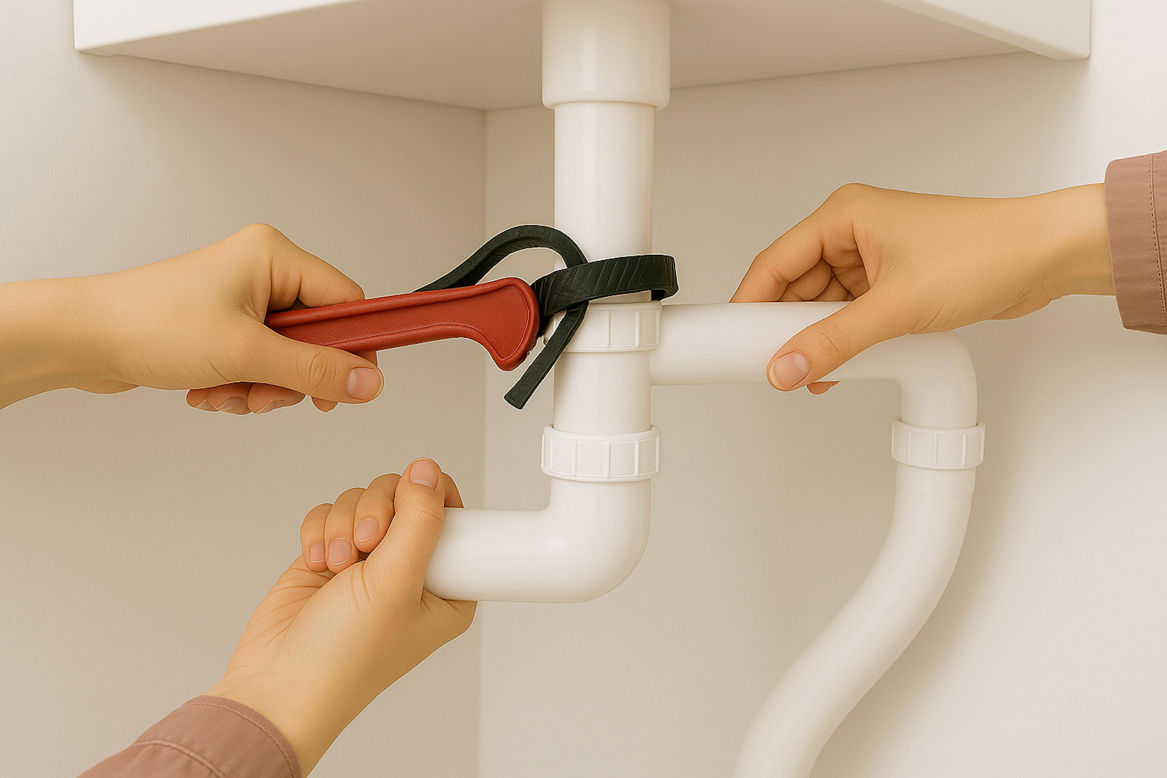 Two Female Plumbers Fixing PVC Pipes with a Strap Wrench In Edinburgh