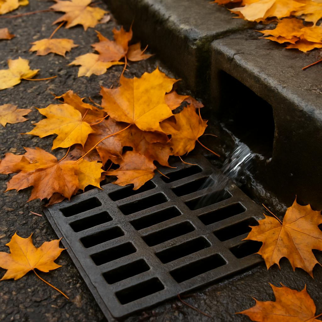 Fallen Autumn Leaves Near Drainage Grating