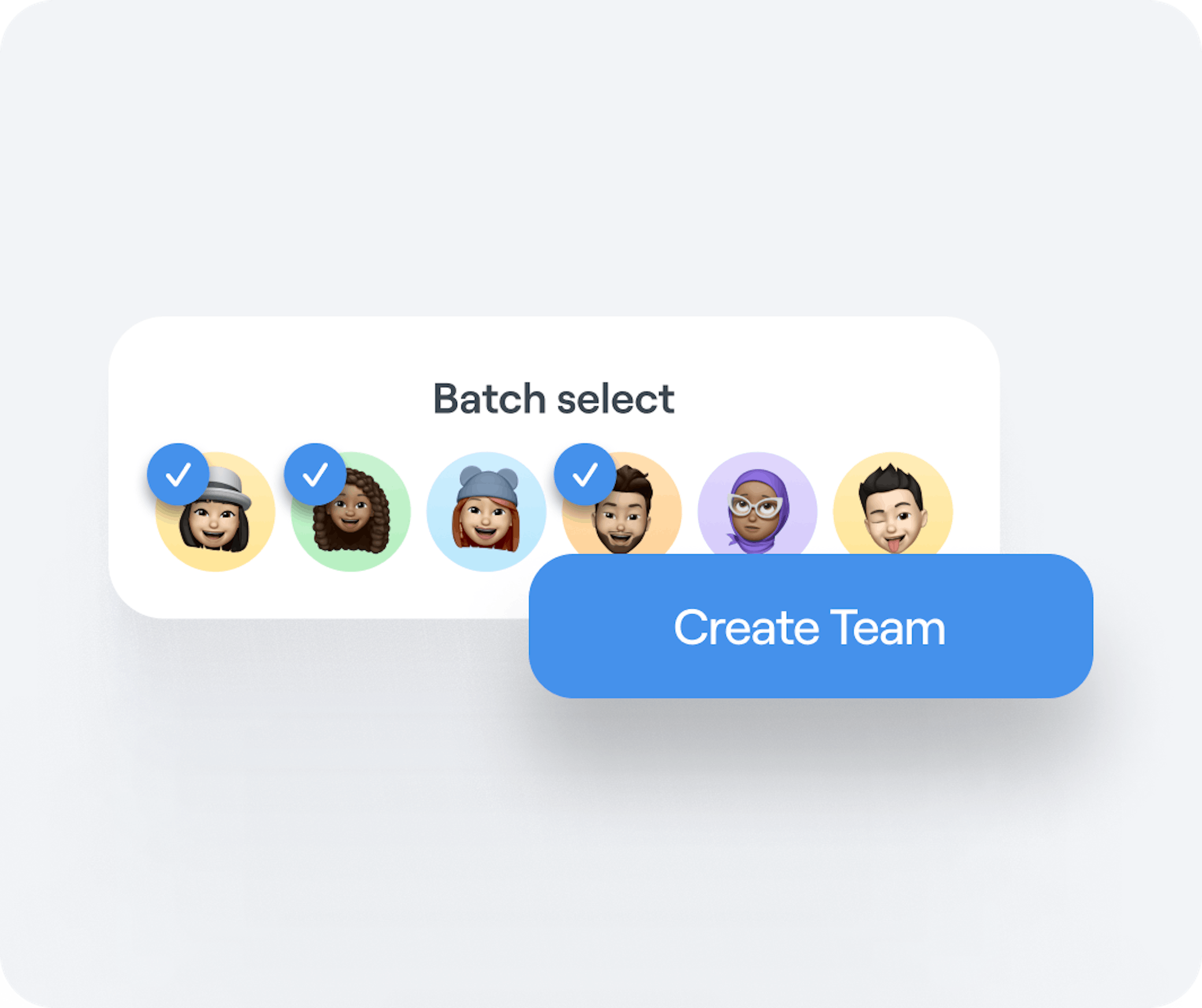 Interface graphic showing the creation of a team using Abler’s batch selection