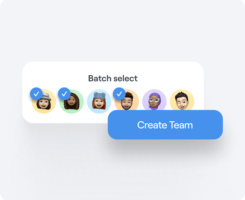 Interface graphic showing the creation of a team using Abler’s batch selection