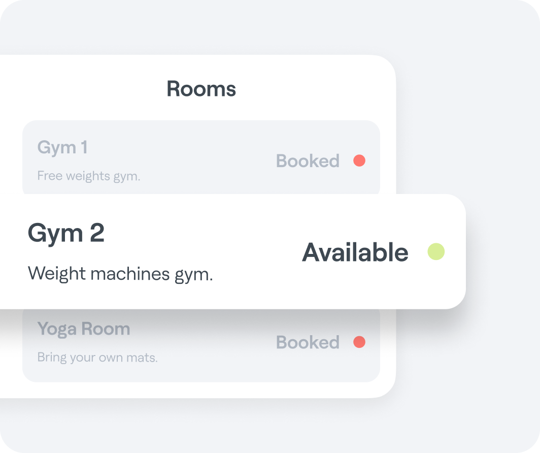 Interface graphic featuring an Abler Spaces listing for a gym’s weight machine room availability