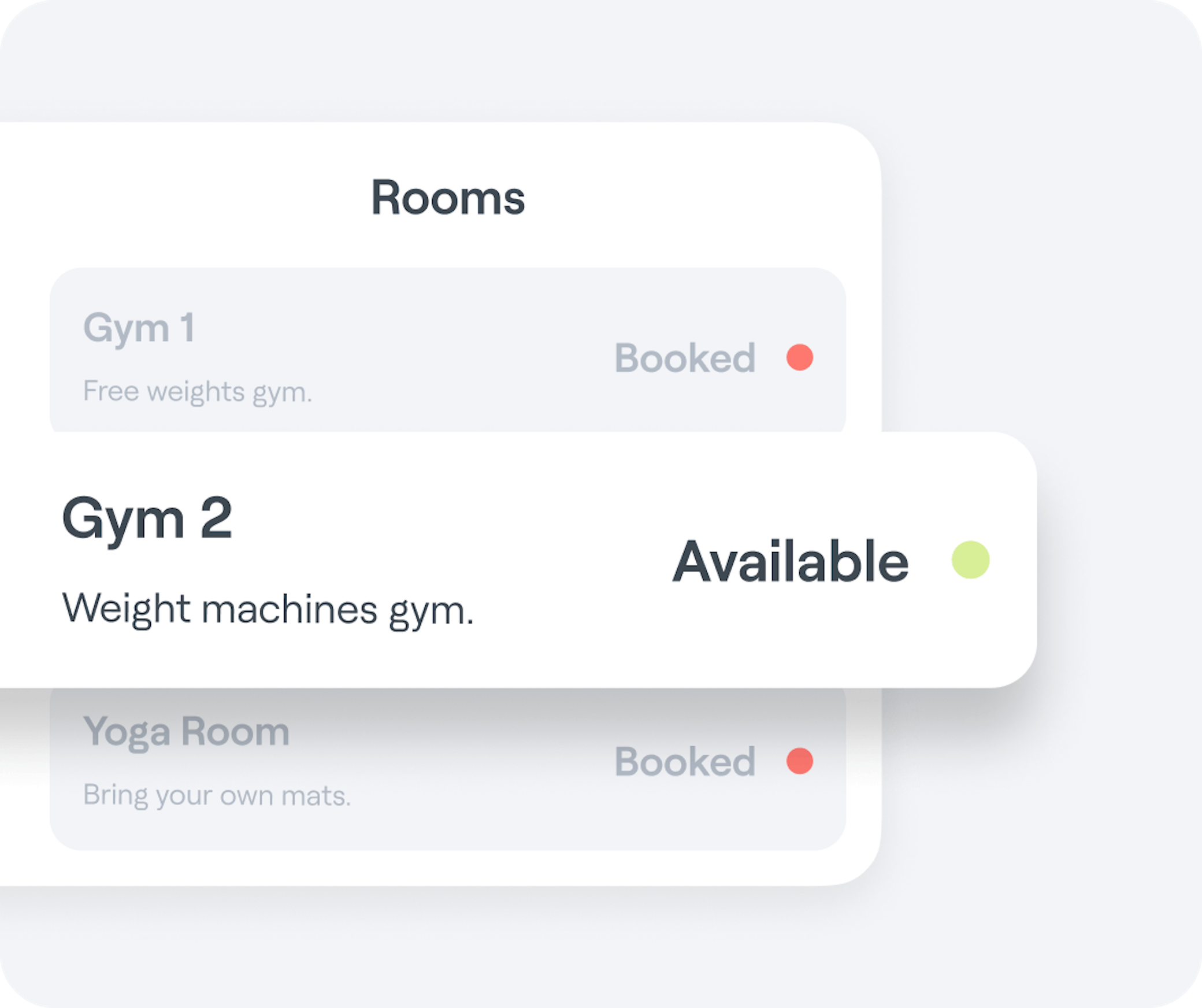 Interface graphic featuring an Abler Spaces listing for a gym’s weight machine room availability