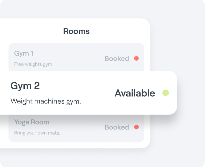 Interface graphic featuring an Abler Spaces listing for a gym’s weight machine room availability