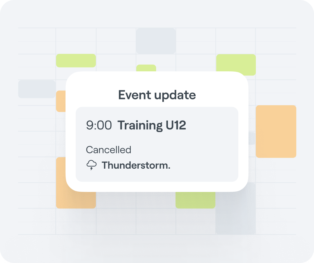 Interface graphic showing an Abler event update for a scheduled training that is cancelled due to a thunderstorm