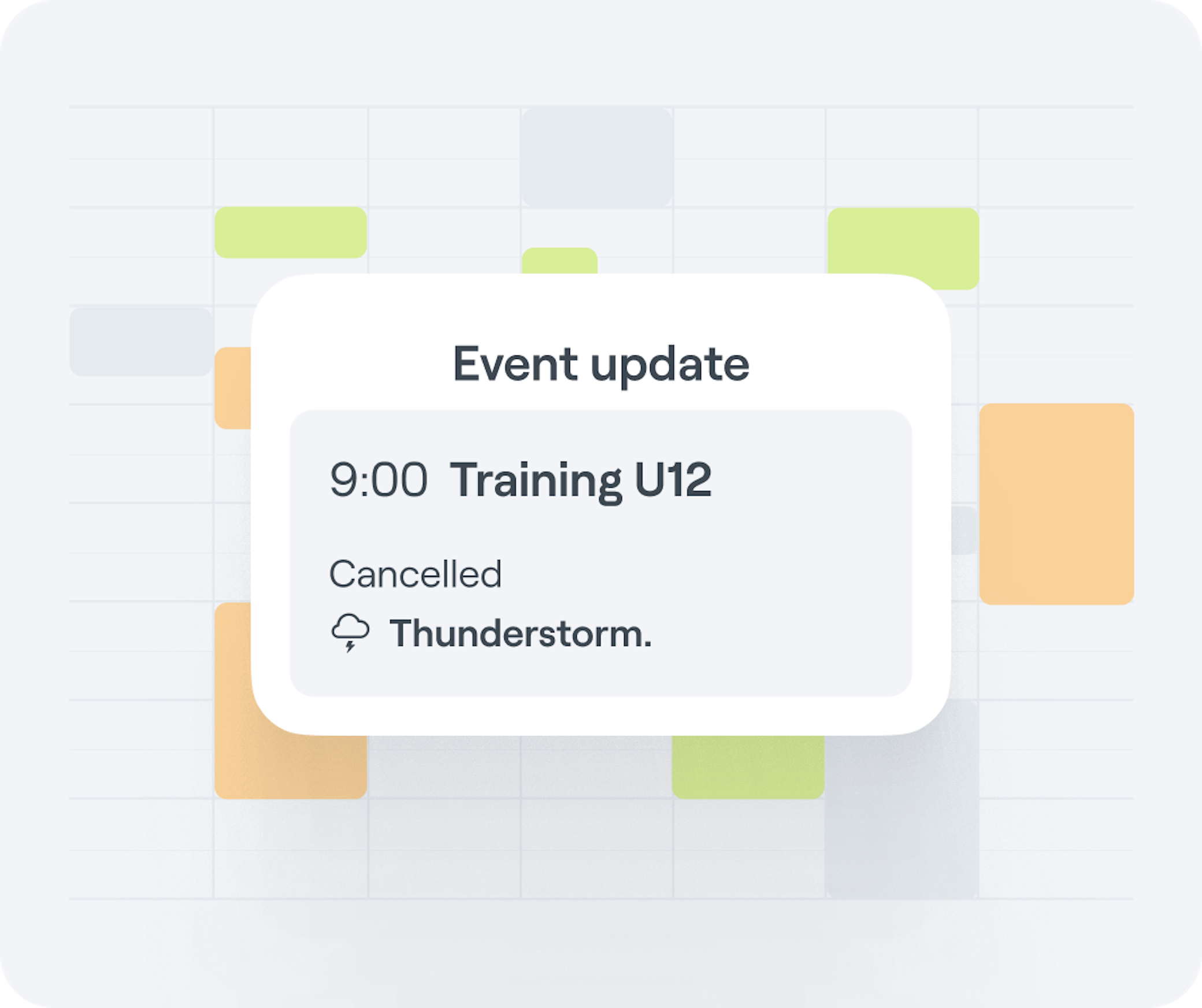 Interface graphic showing an Abler event update for a scheduled training that is cancelled due to a thunderstorm