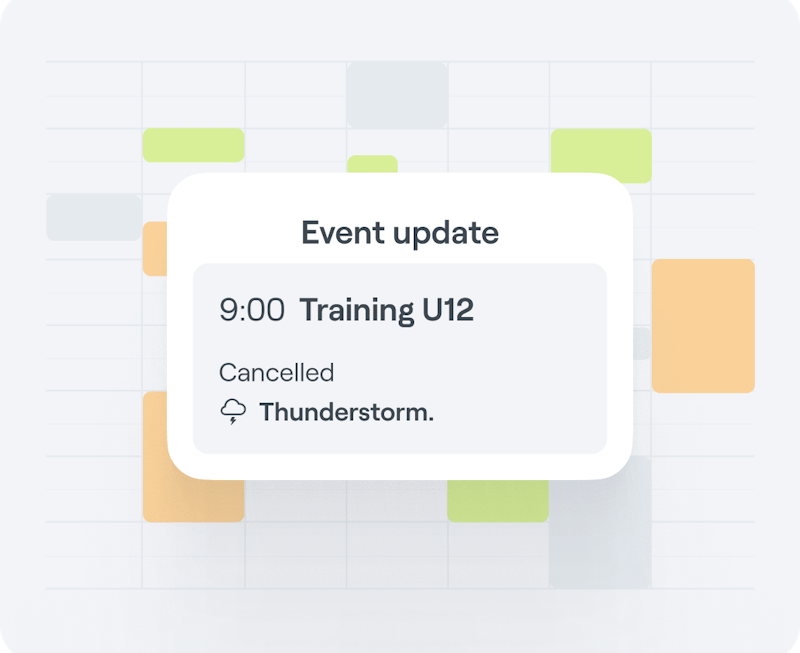 Interface graphic showing an Abler event update for a scheduled training that is cancelled due to a thunderstorm