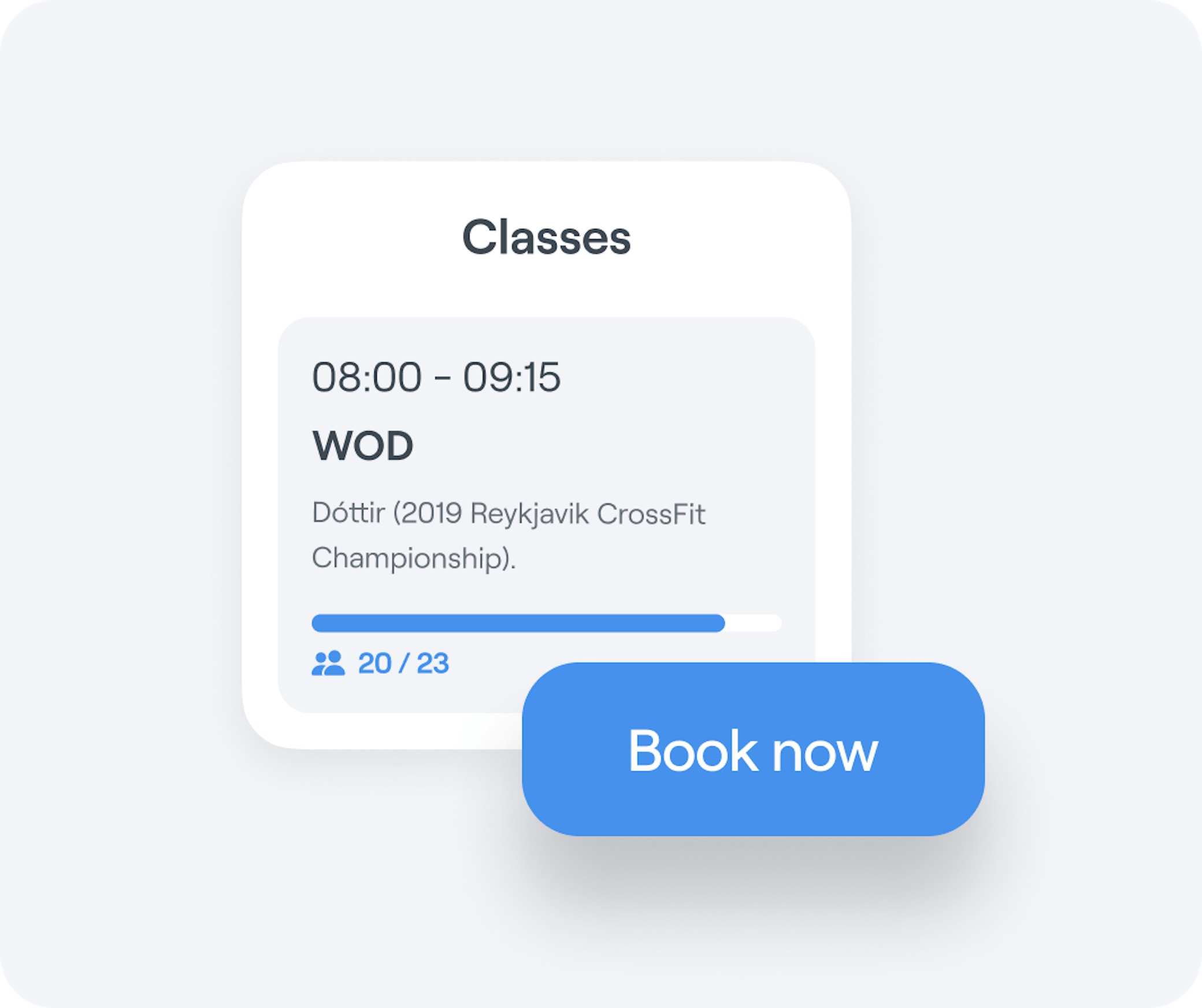 Interface graphic of an Abler Classes listing for a workout of the day session featuring time, location and current capacity with an option to book