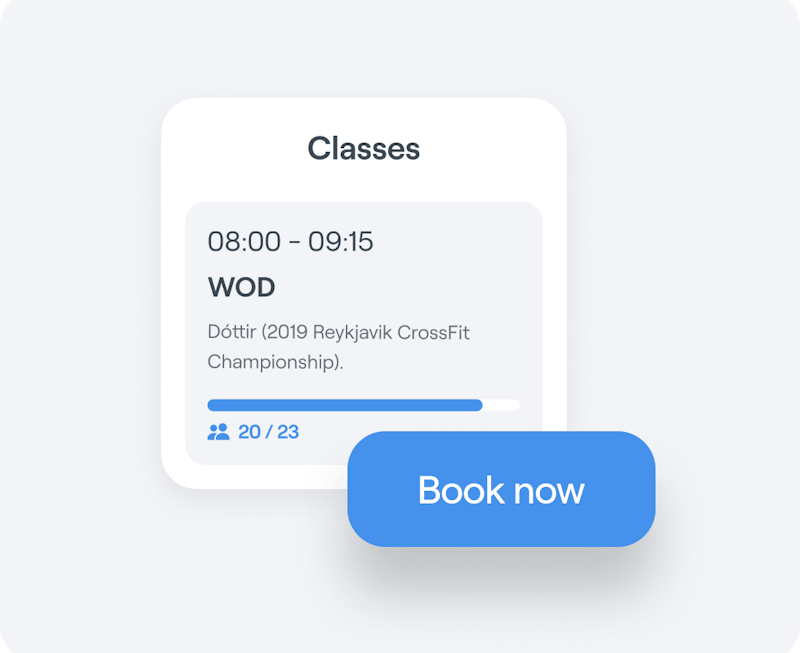 Interface graphic of an Abler Classes listing for a workout of the day session featuring time, location and current capacity with an option to book
