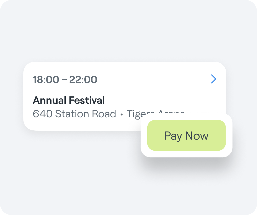 Interface graphic showing a payable event on Abler and a one-click payment option