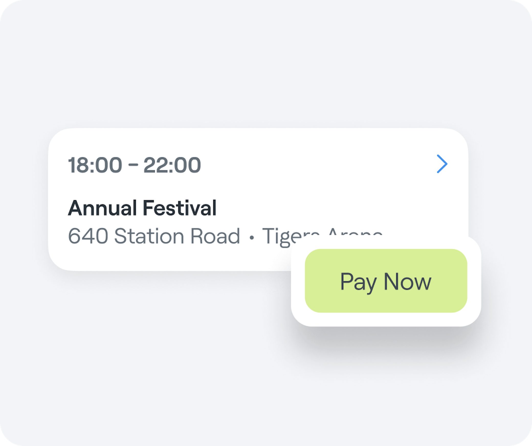 Interface graphic showing a payable event on Abler and a one-click payment option