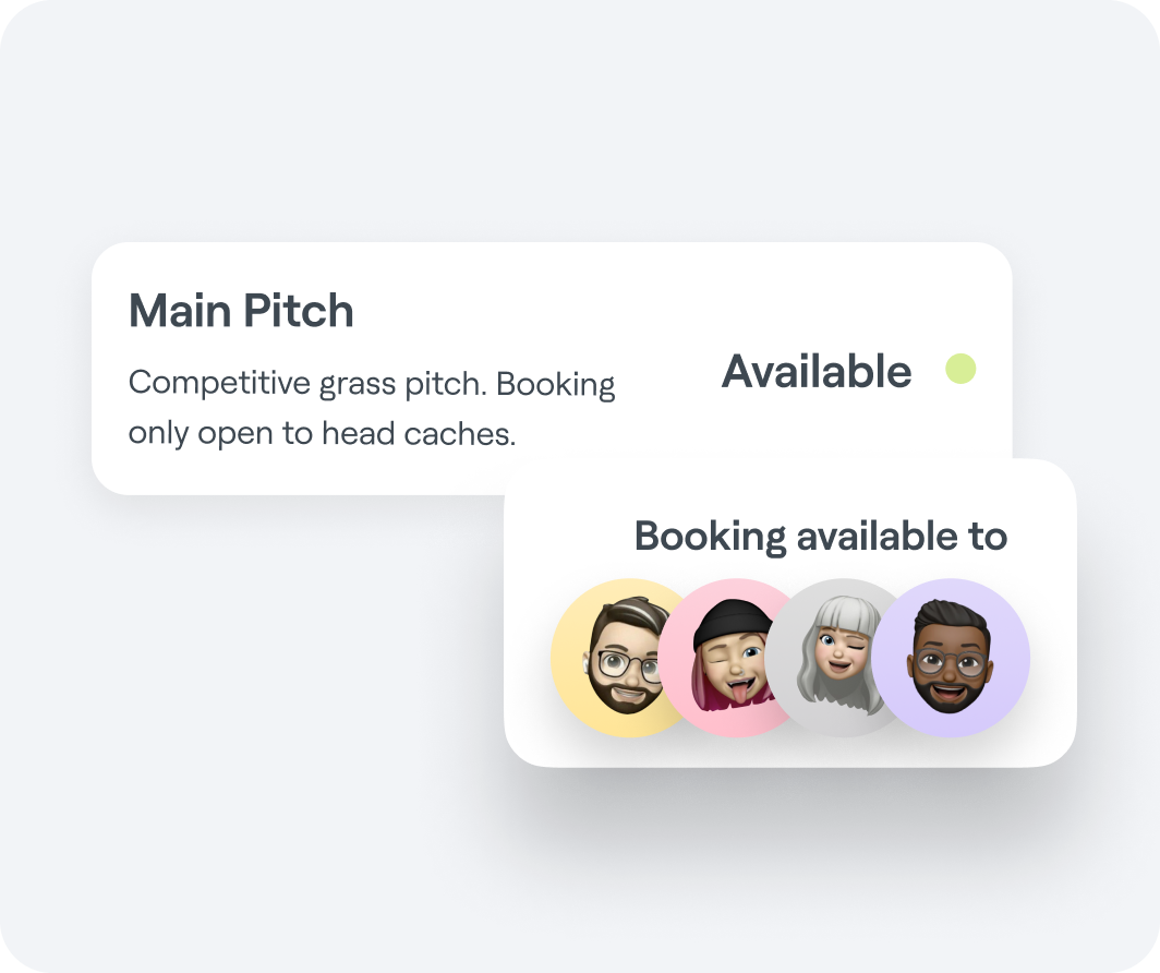 Abler Spaces interface graphic with an example of a grass pitch’s availability and the members qualified to book