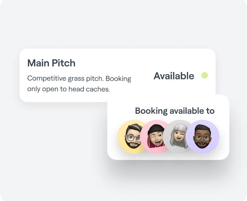 Abler Spaces interface graphic with an example of a grass pitch’s availability and the members qualified to book