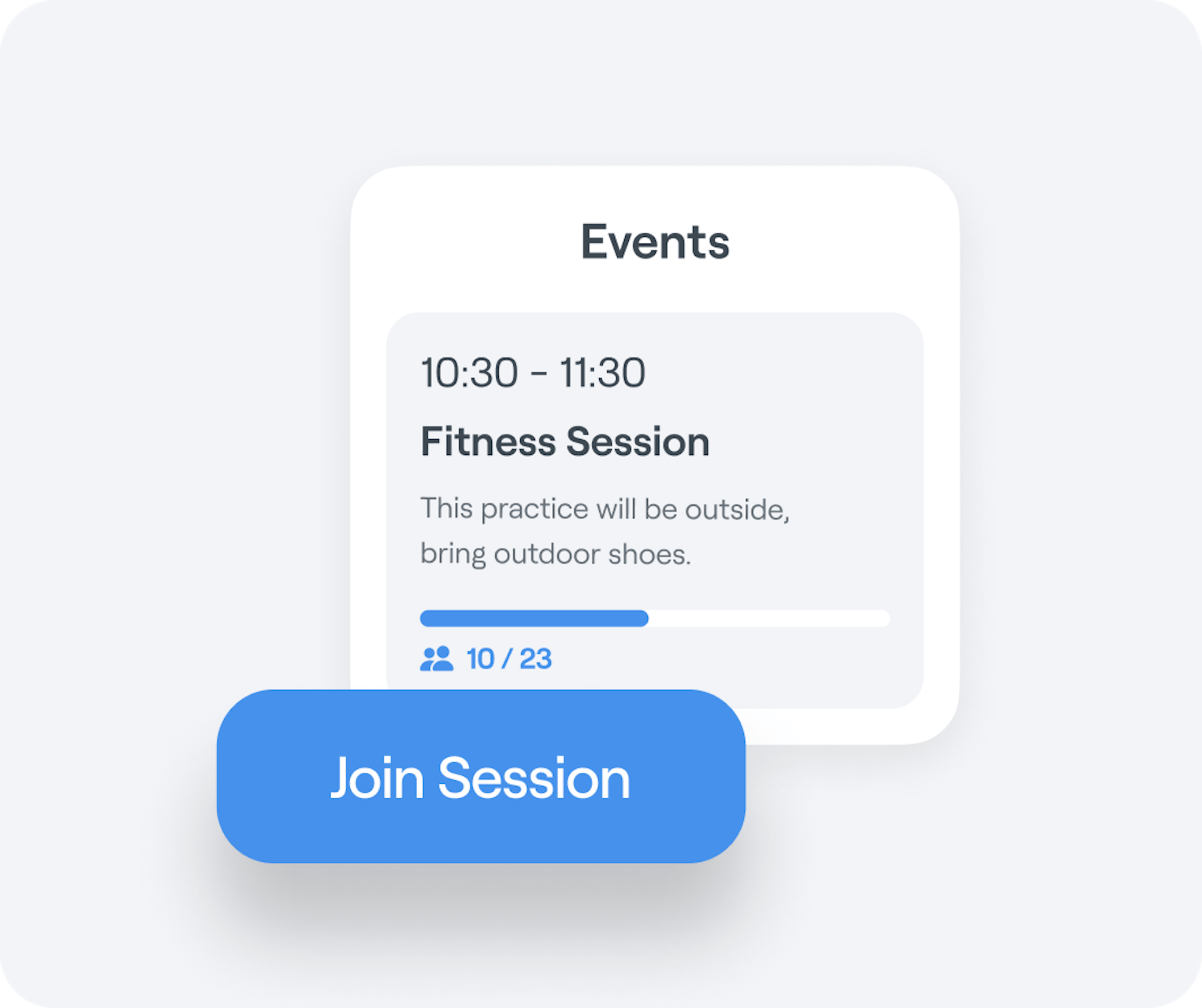 Interface graphic showing an Abler Classes listing for a fitness session with location and current capacity and an option to sign up