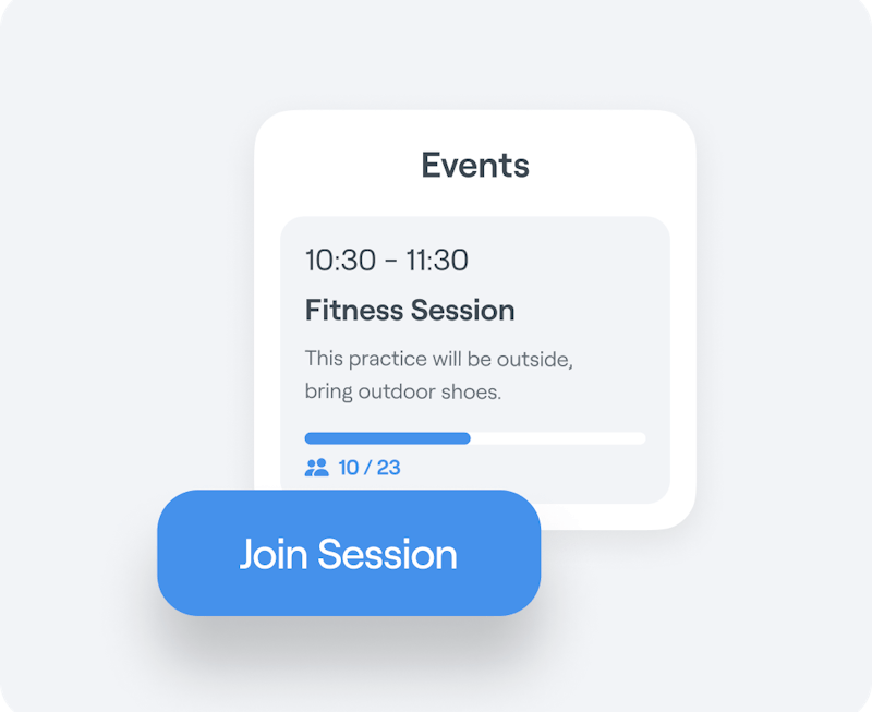 Interface graphic showing an Abler Classes listing for a fitness session with location and current capacity and an option to sign up