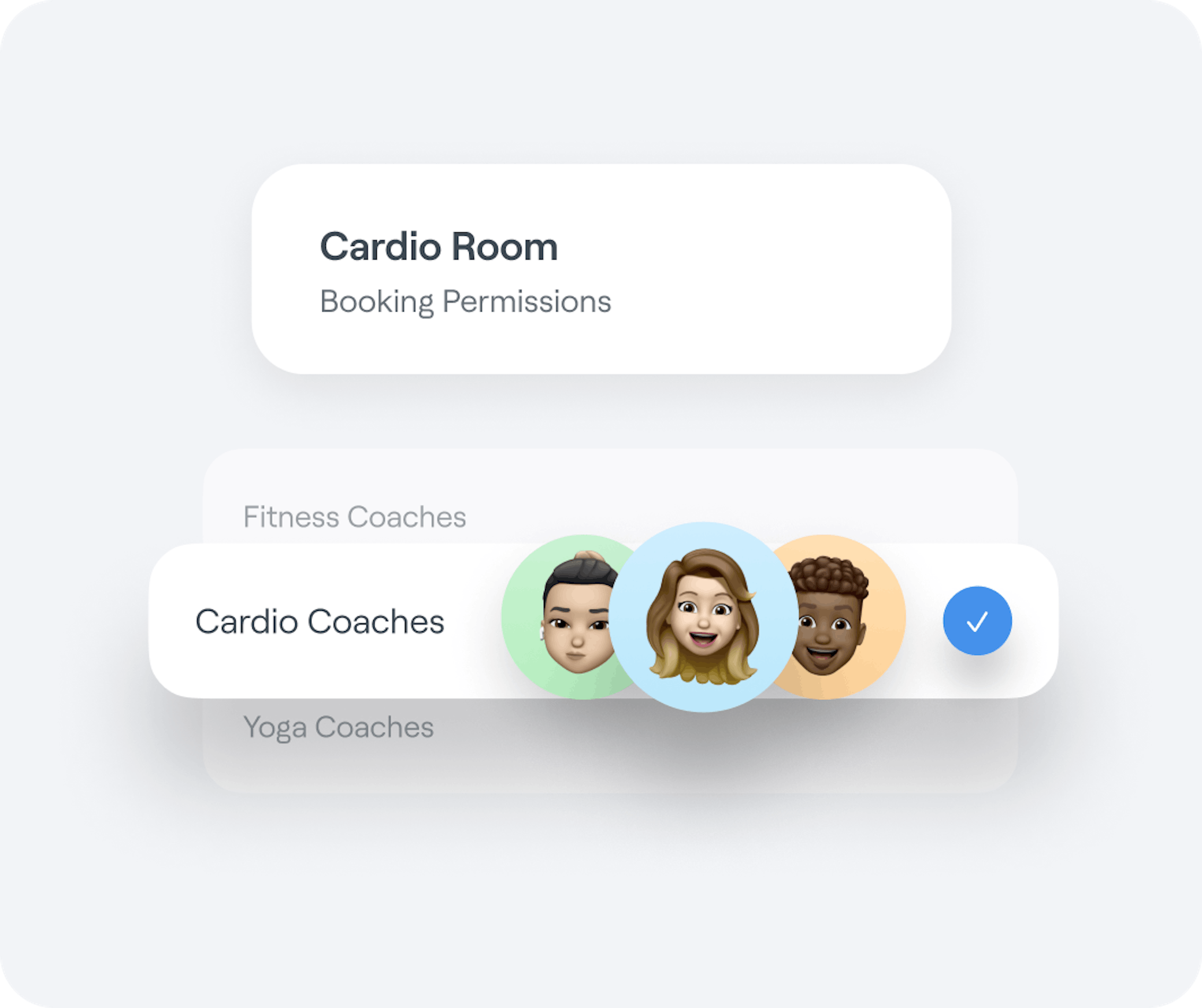 Interface graphic featuring an Abler Spaces entry for a gym’s cardio room availability and coaches with booking privileges