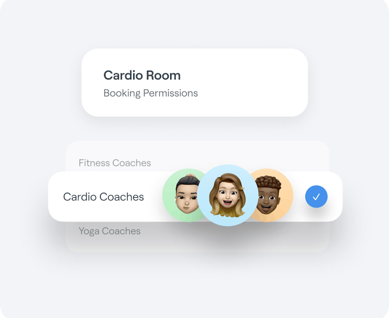 Interface graphic featuring an Abler Spaces entry for a gym’s cardio room availability and coaches with booking privileges