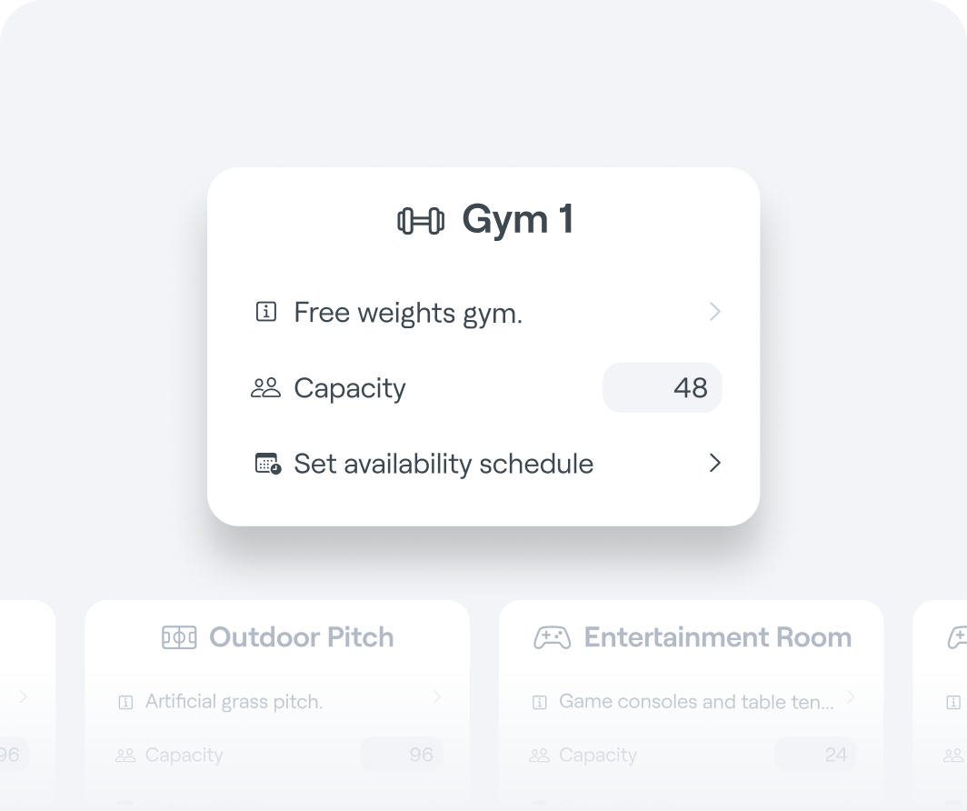 Abler Spaces interface graphic with an example of gym facility capacity and schedule information