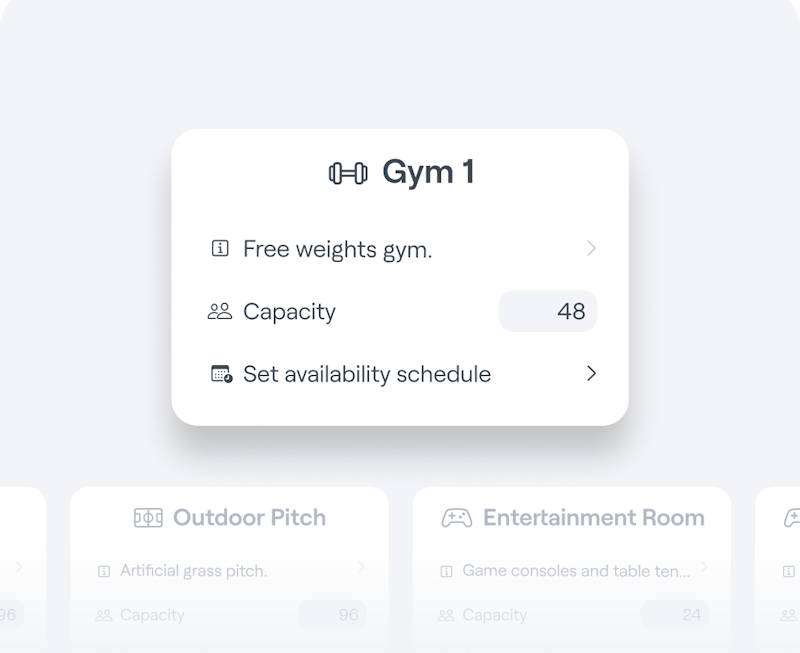 Abler Spaces interface graphic with an example of gym facility capacity and schedule information