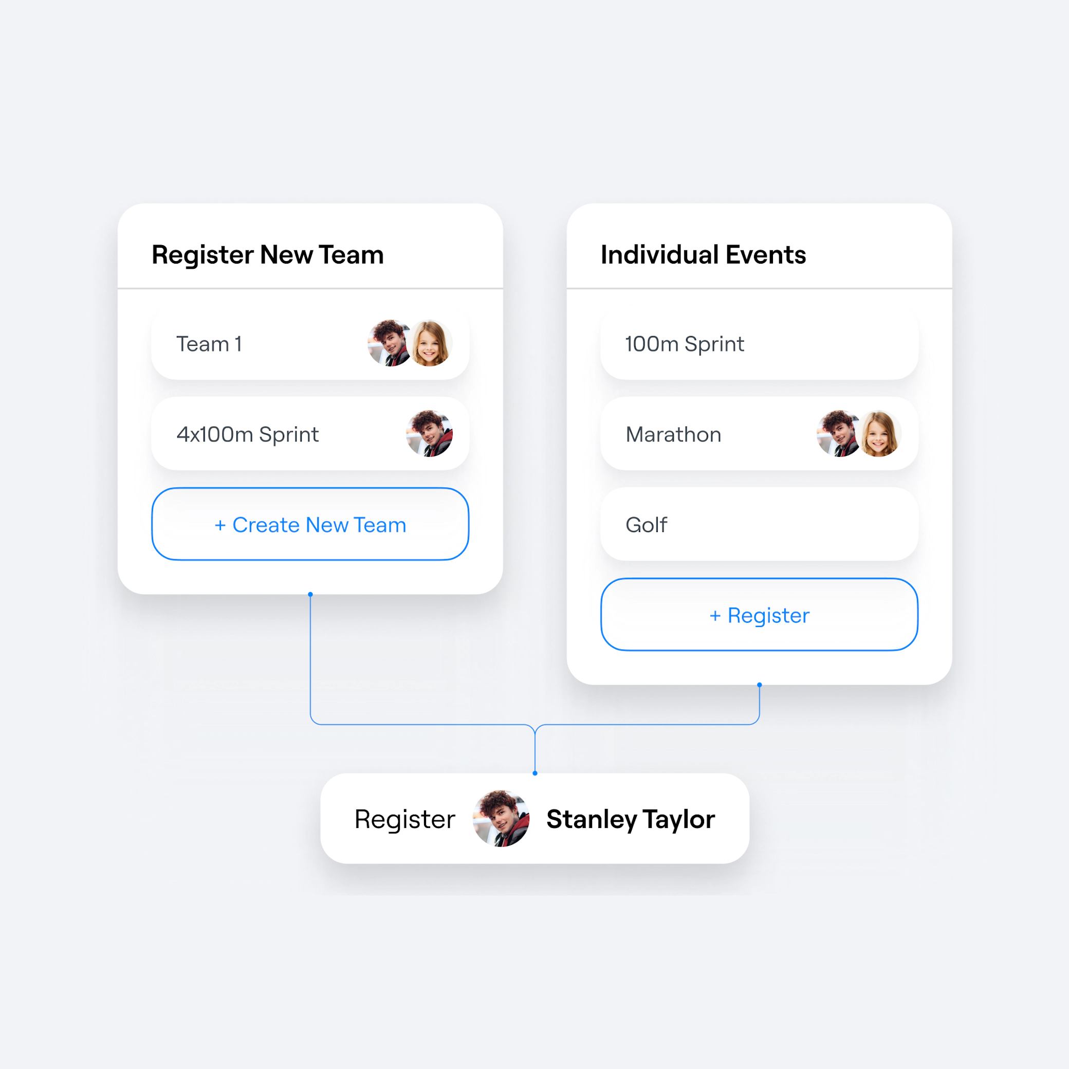 Sports event registration interface showing team and individual event sign-up options
