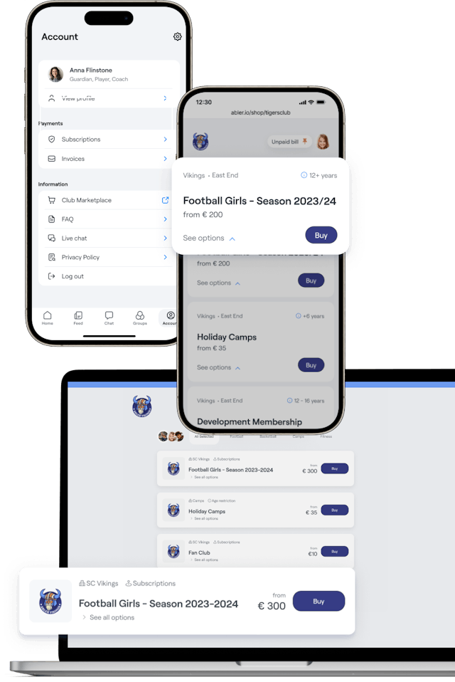 Abler sports management mobile app interface showing parent account settings, program marketplace with Football Girls season subscription, holiday camps, and membership options for SC Vikings youth sports club