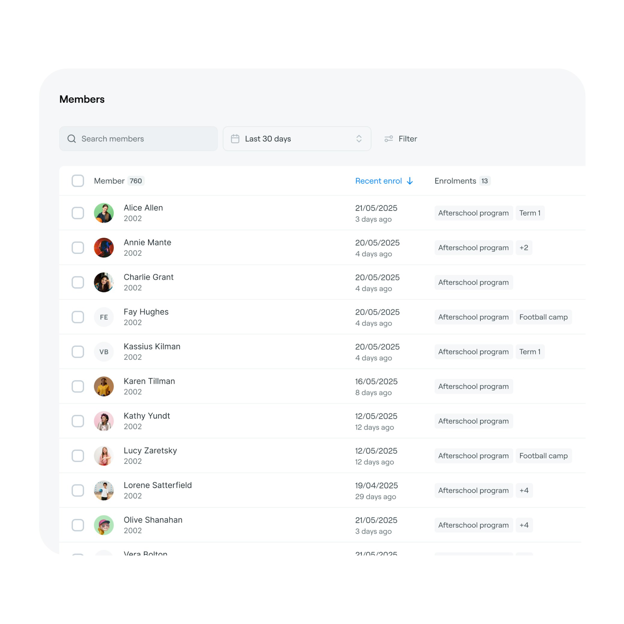 Sports club membership management interface showing member list with enrolment dates and program participation tracking