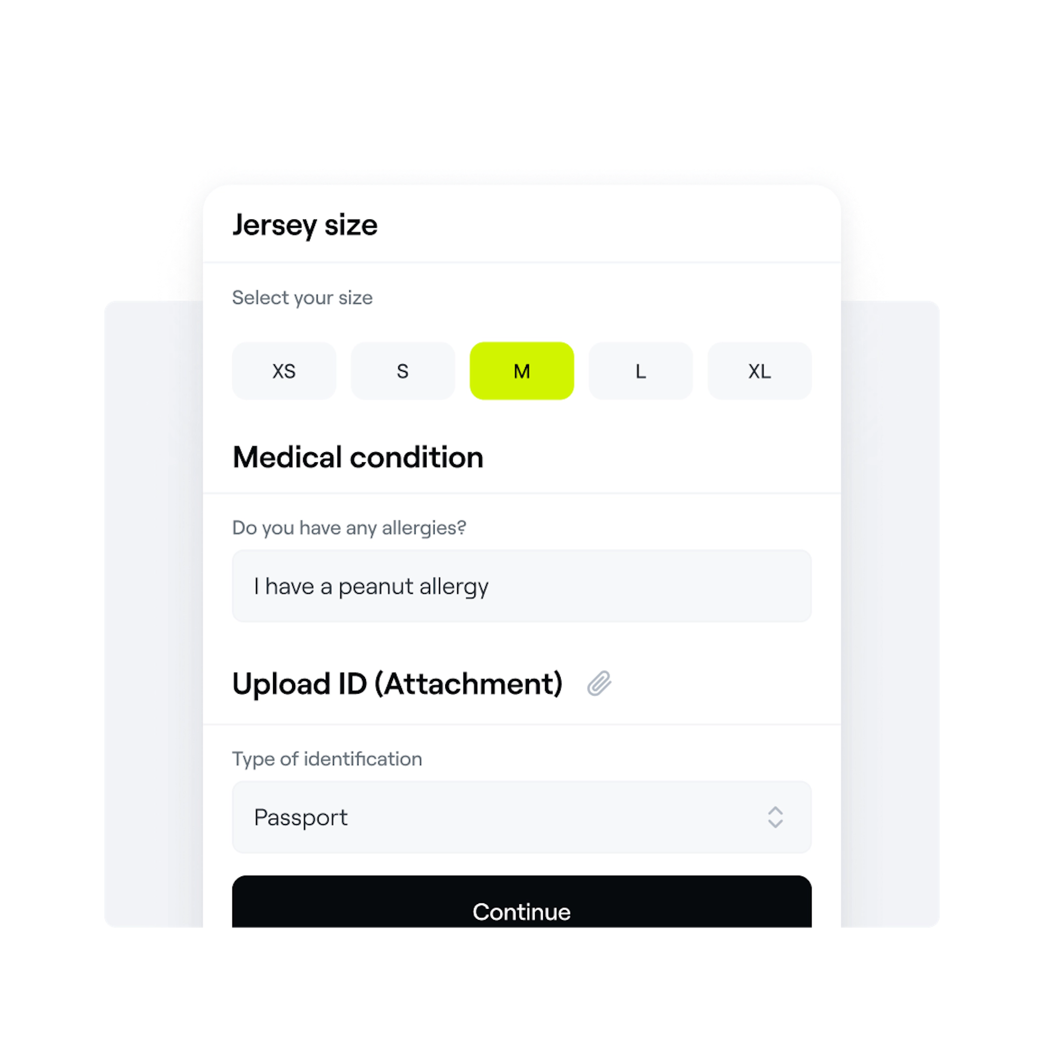 Sports program registration form showing jersey size selection with Medium highlighted, medical condition field for allergy information, and ID upload section with passport option