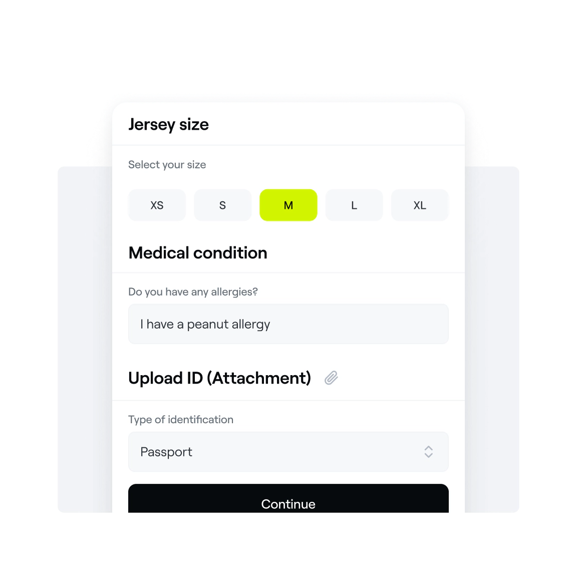 Sports program registration form showing jersey size selection with Medium highlighted, medical condition field for allergy information, and ID upload section with passport option