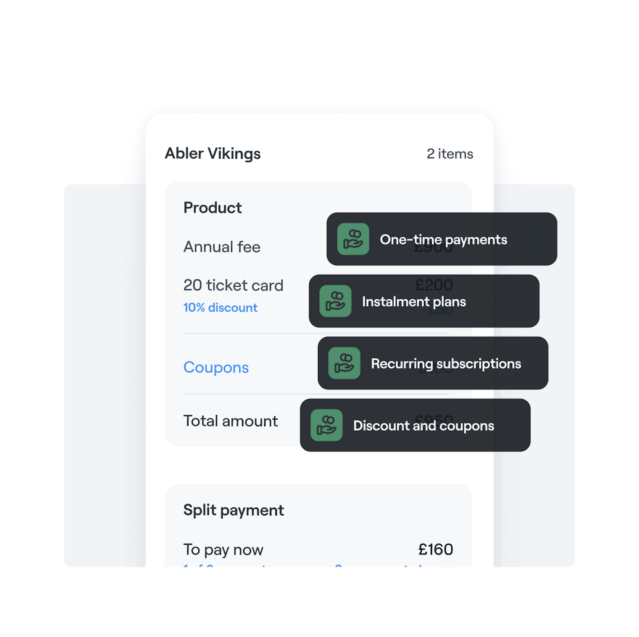 Abler Vikings checkout interface showing annual fee and ticket card purchase with payment options including one-time, installment, and subscription plans with split payment of £160