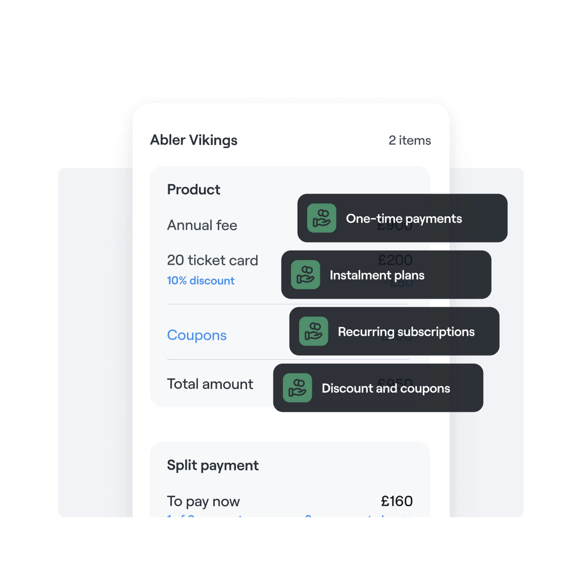 Abler Vikings checkout interface showing annual fee and ticket card purchase with payment options including one-time, installment, and subscription plans with split payment of £160