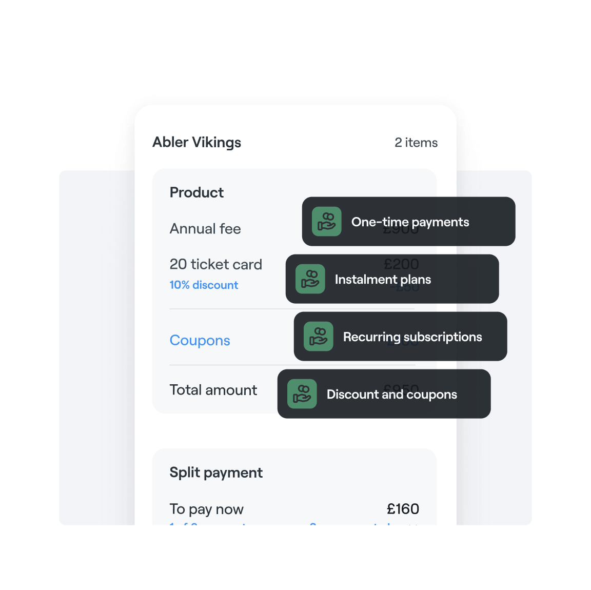 Abler Vikings checkout interface showing annual fee and ticket card purchase with payment options including one-time, installment, and subscription plans with split payment of £160