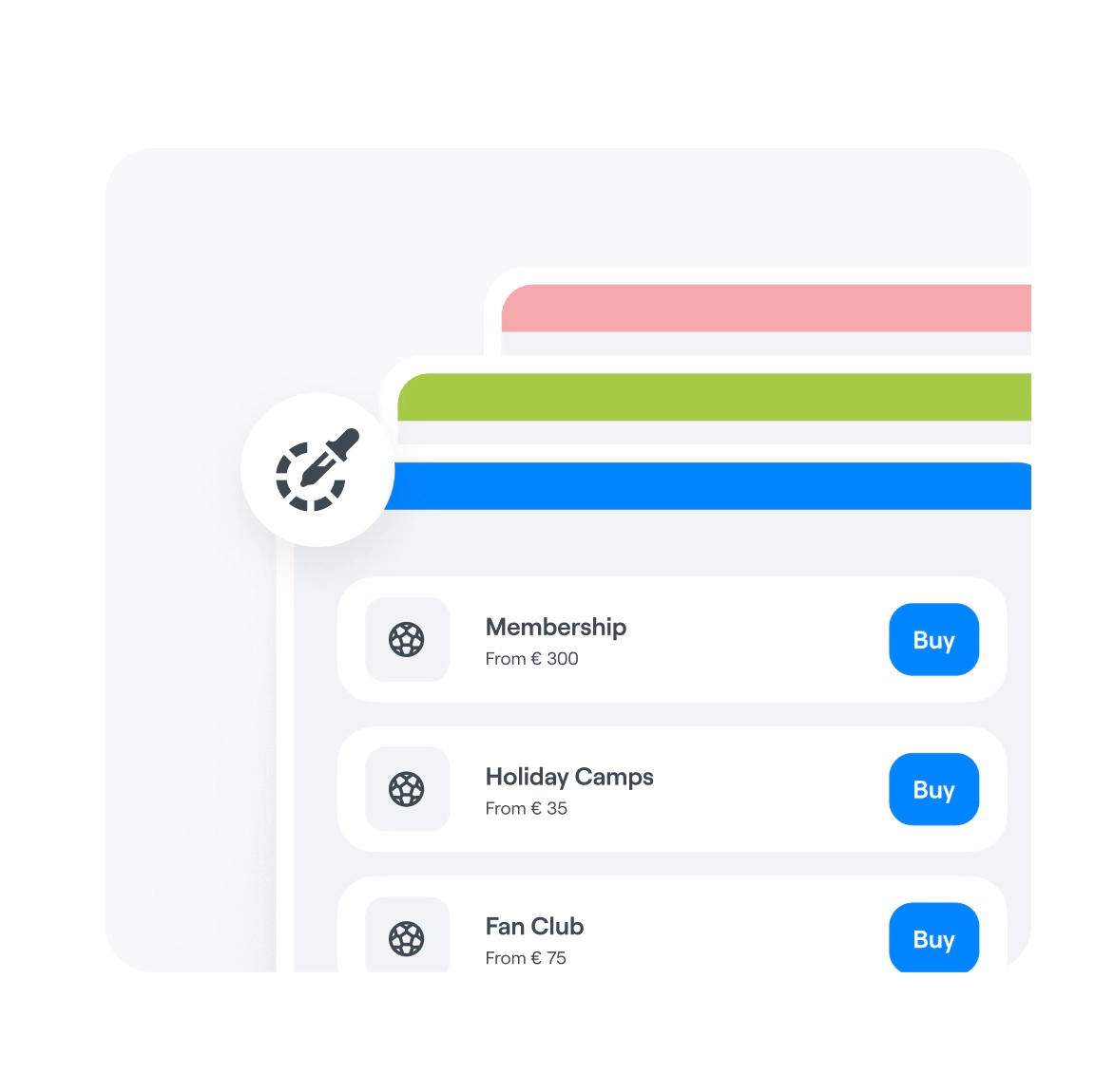 Sports club marketplace interface showing membership and program offerings - Membership €300, Holiday Camps €35, and Fan Club €75 with purchase buttons