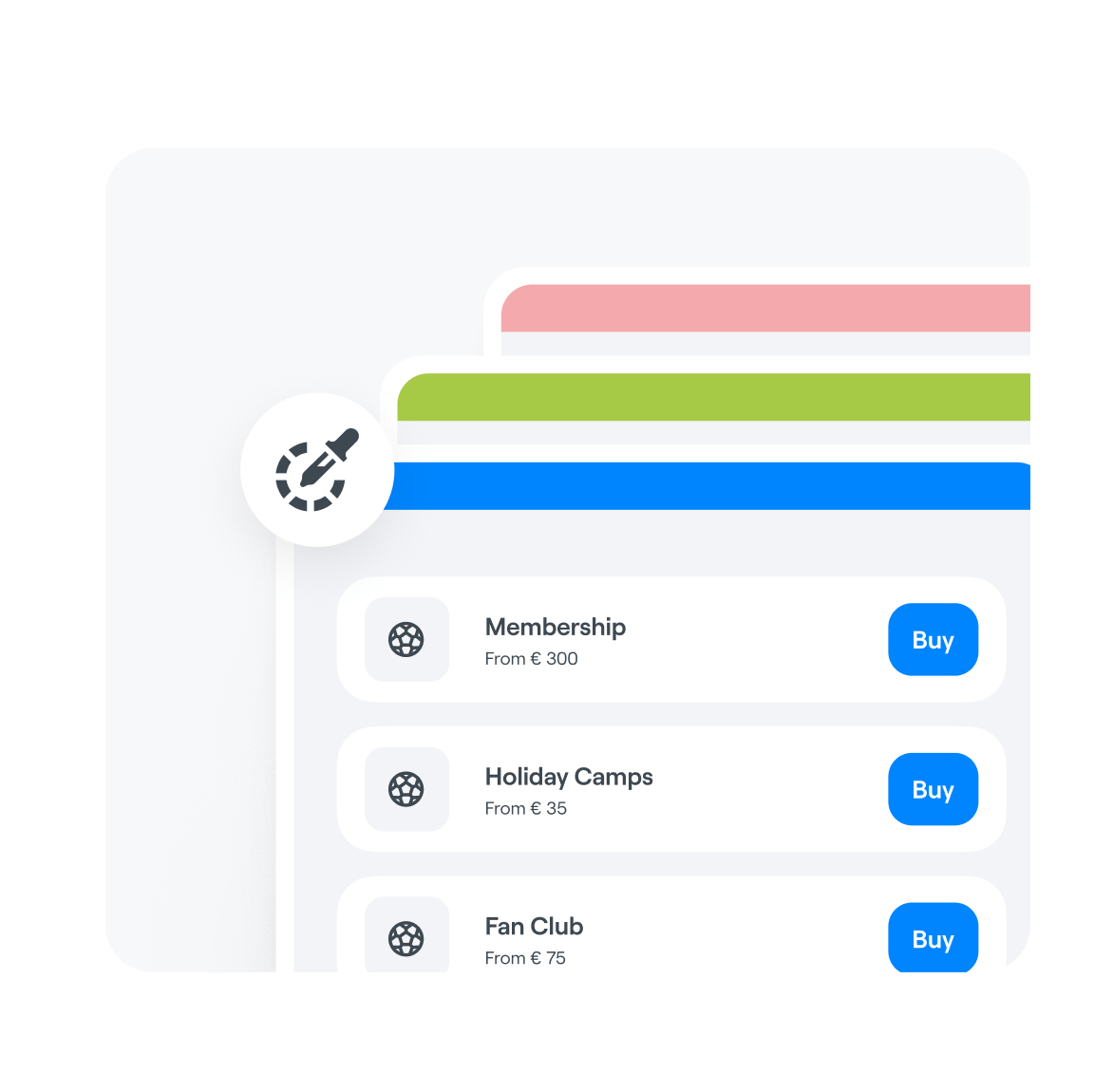 Sports club marketplace interface showing membership and program offerings - Membership €300, Holiday Camps €35, and Fan Club €75 with purchase buttons