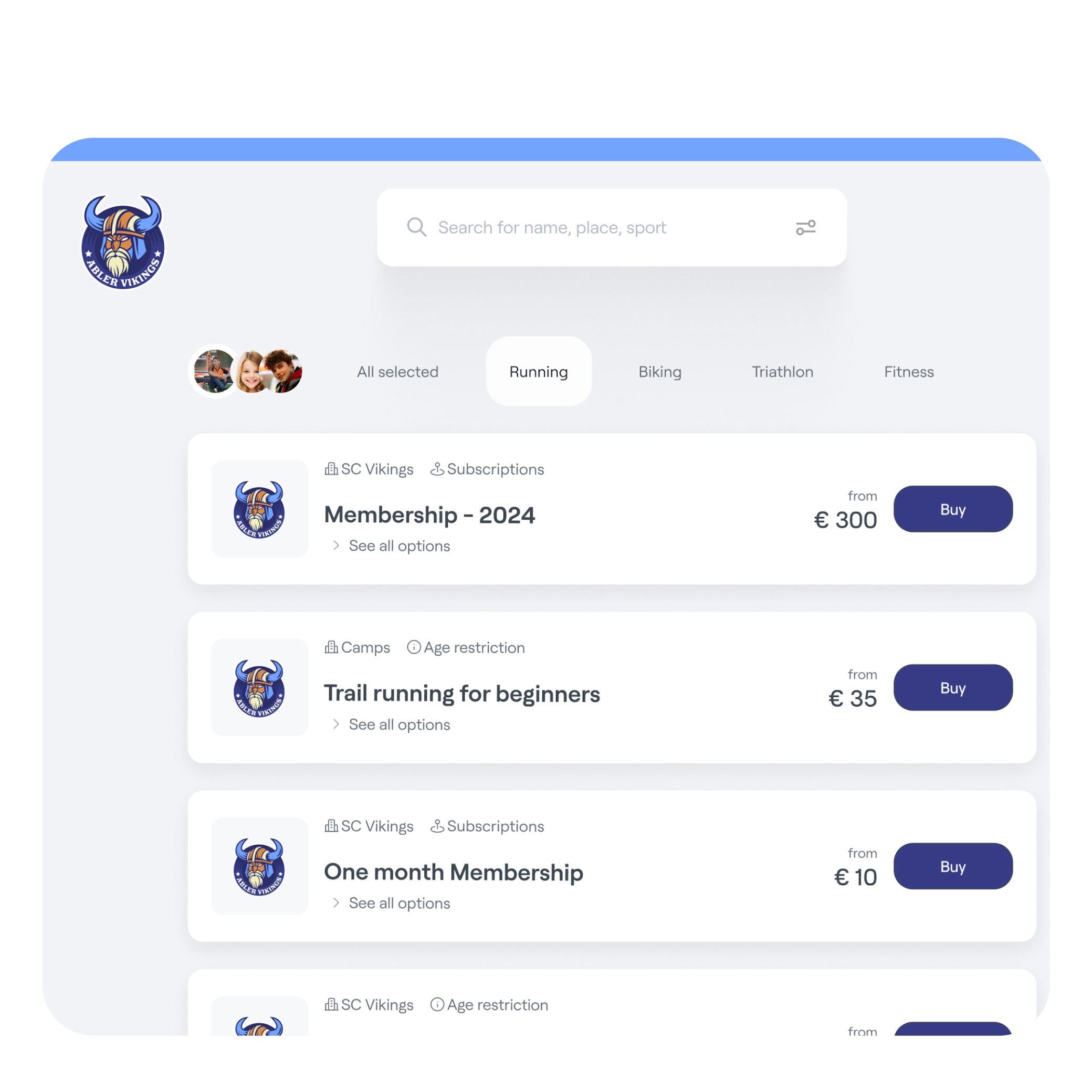 Abler Shop interface showing sports club memberships and programs with booking options and pricing