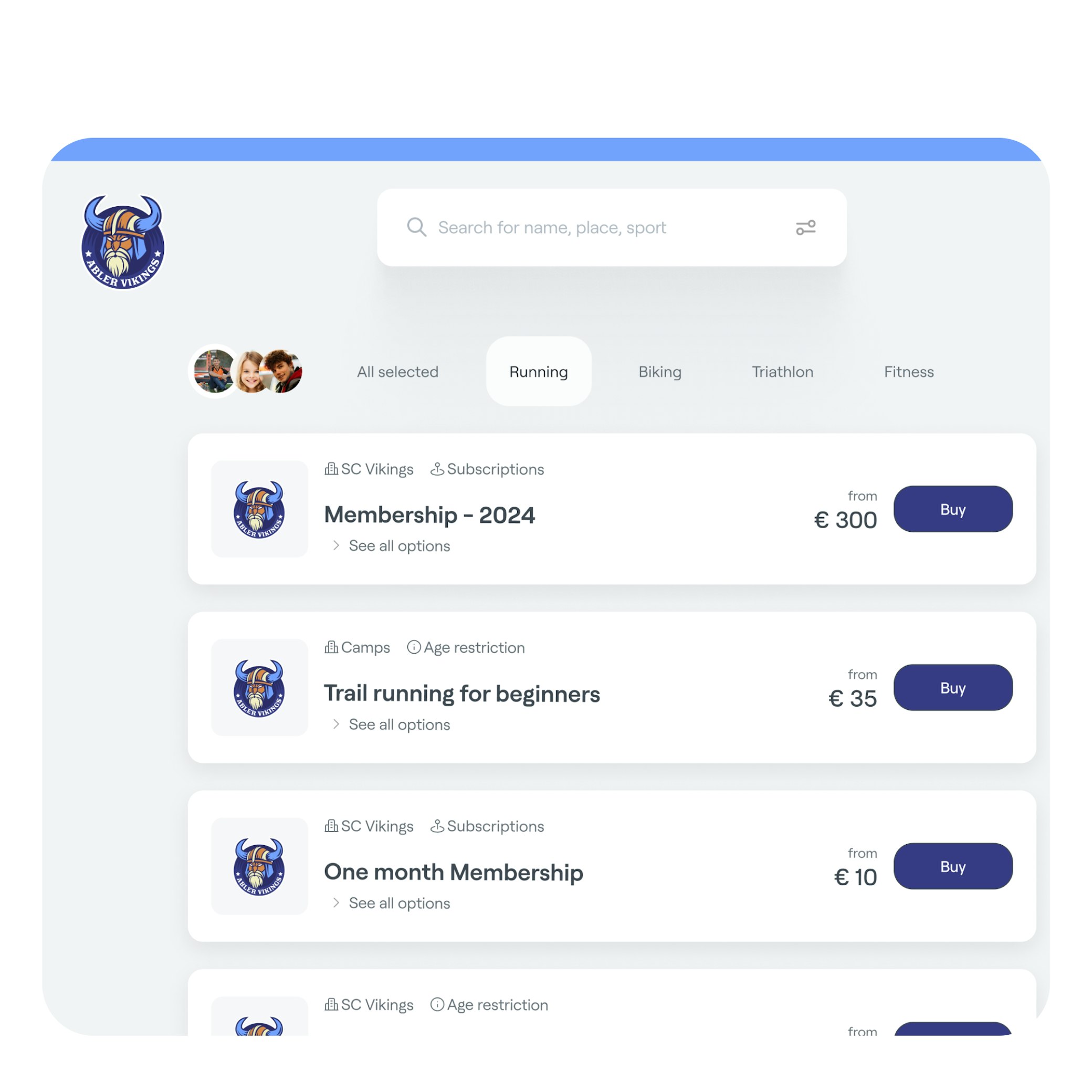 Abler Shop interface showing sports club memberships and programs with booking options and pricing