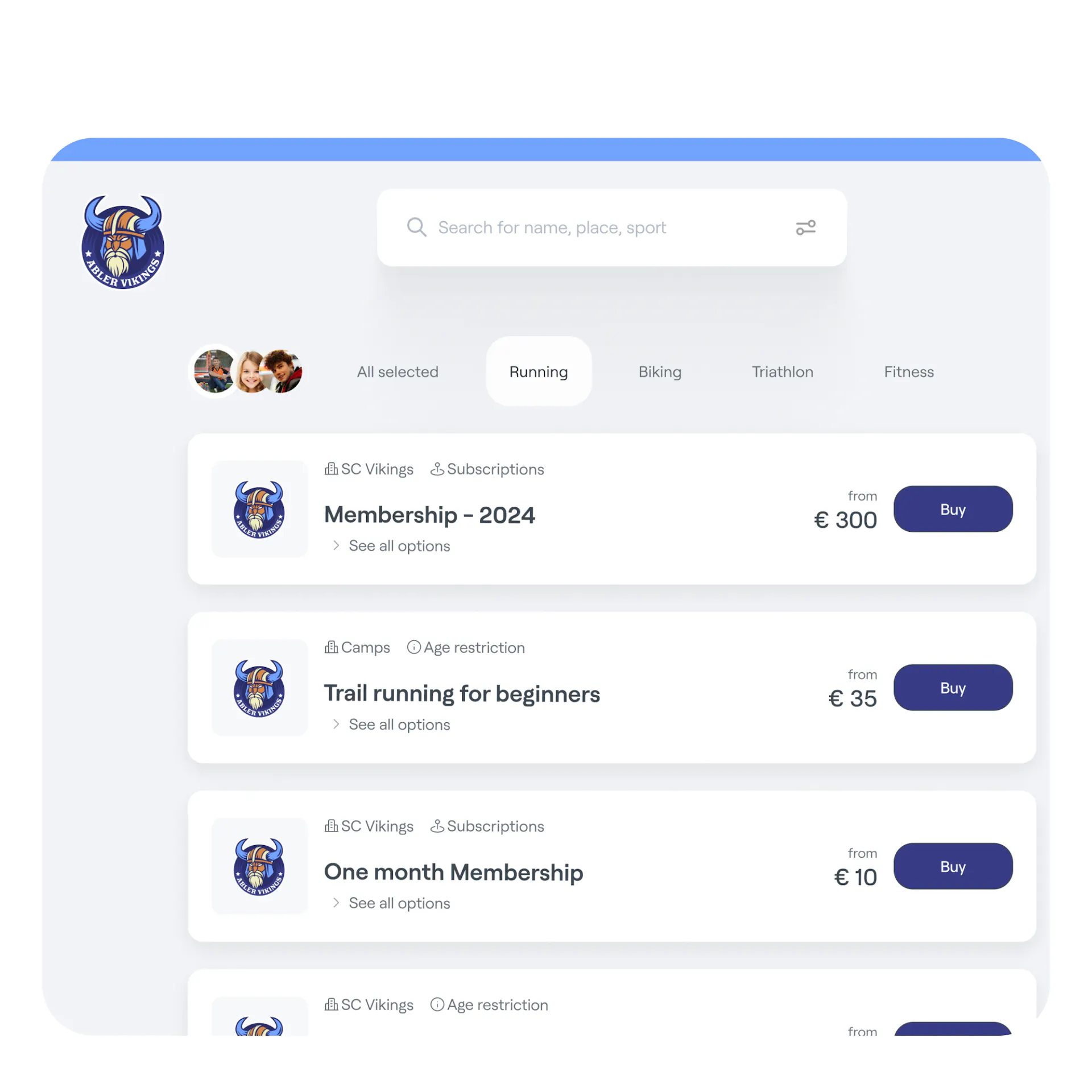 Abler Shop interface showing sports club memberships and programs with booking options and pricing