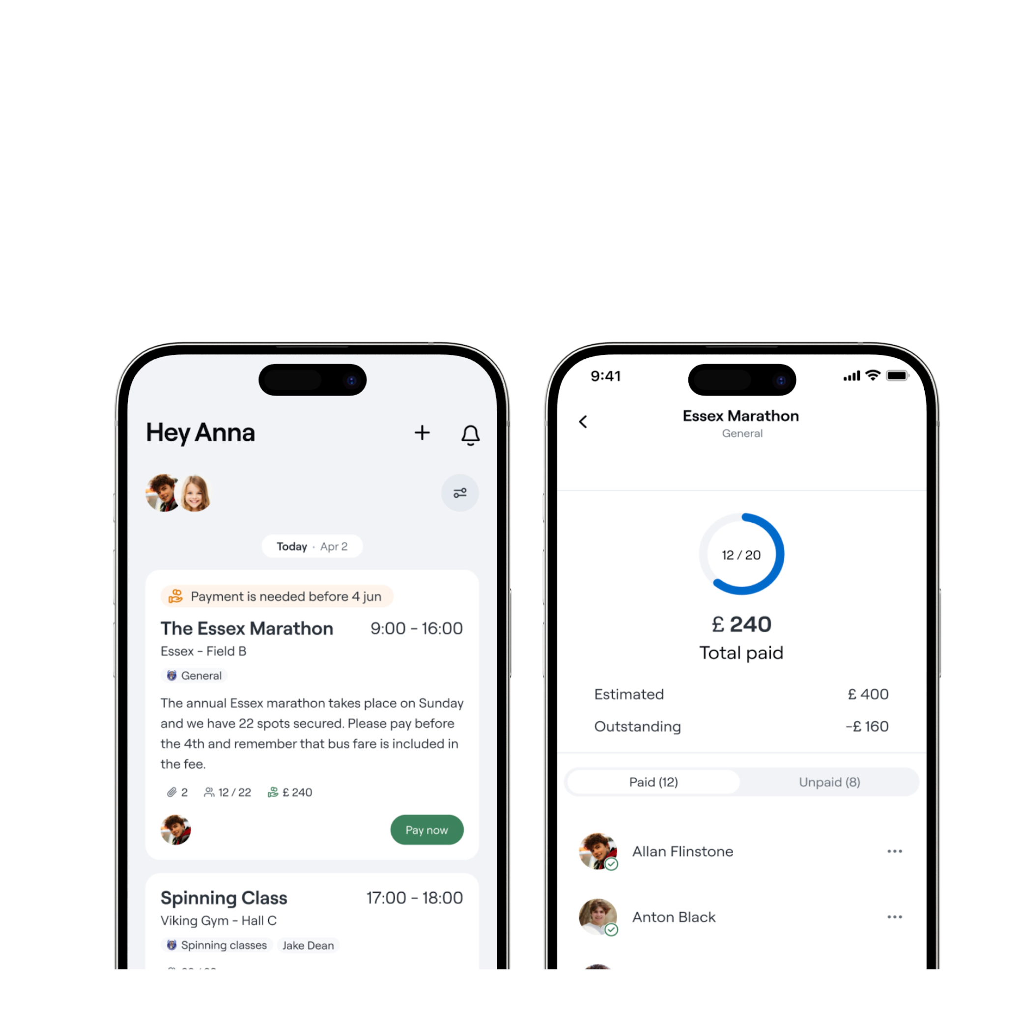 Abler mobile app interface showing event booking and payment tracking for sports activities