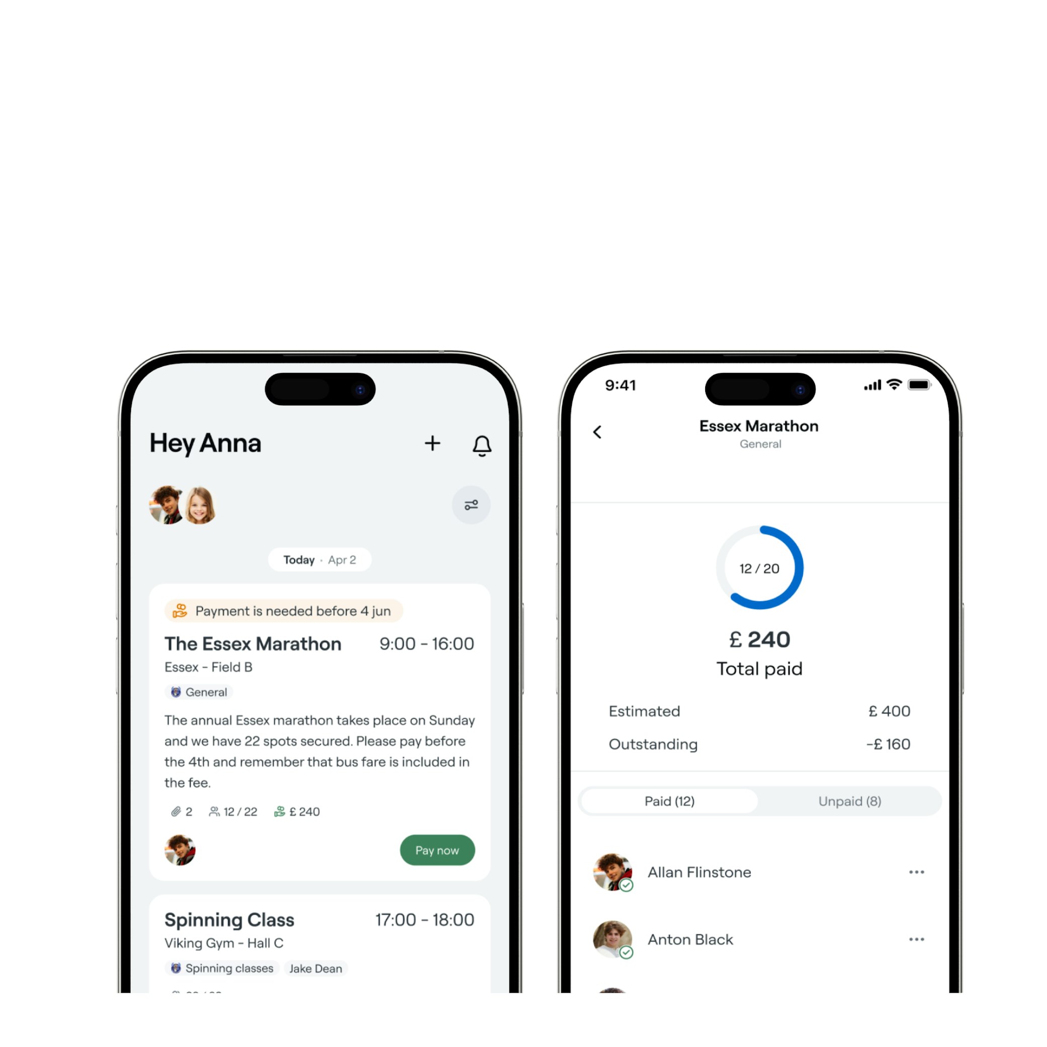 Abler mobile app interface showing event booking and payment tracking for sports activities