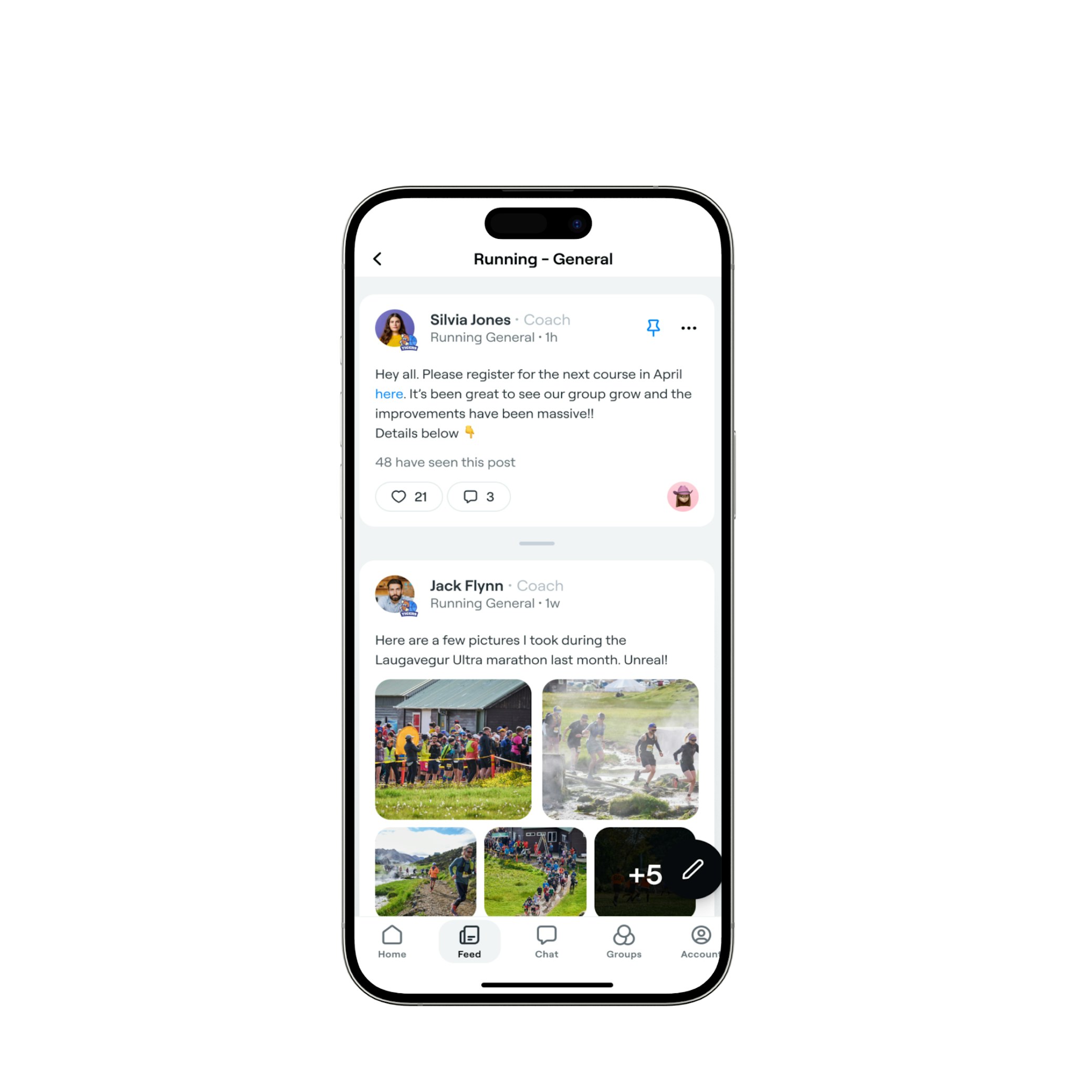 Abler mobile app social feed showing running group posts with photos and team communication features
