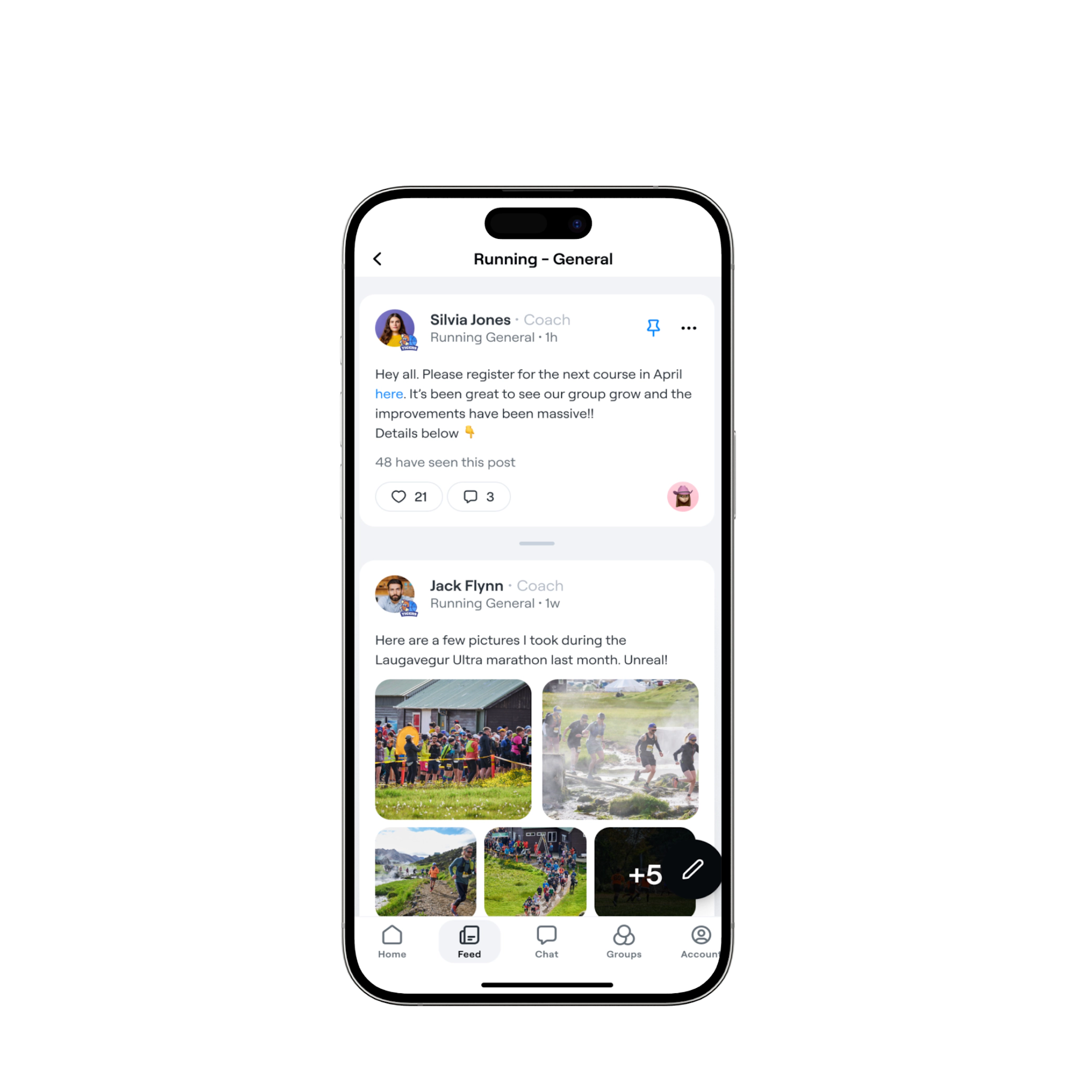 Abler mobile app social feed showing running group posts with photos and team communication features