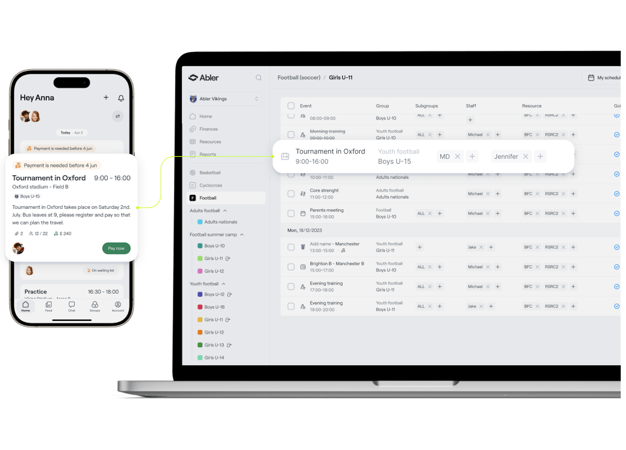 Skjámynd af hugbúnaði Abler á farsíma og tölvu sem sýnir þátttakendaskrá og forritastjórnun