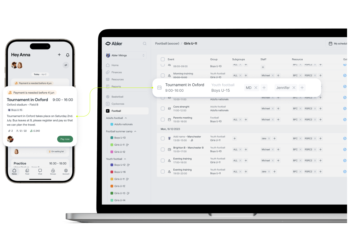 Skjámynd af hugbúnaði Abler á farsíma og tölvu sem sýnir þátttakendaskrá og forritastjórnun