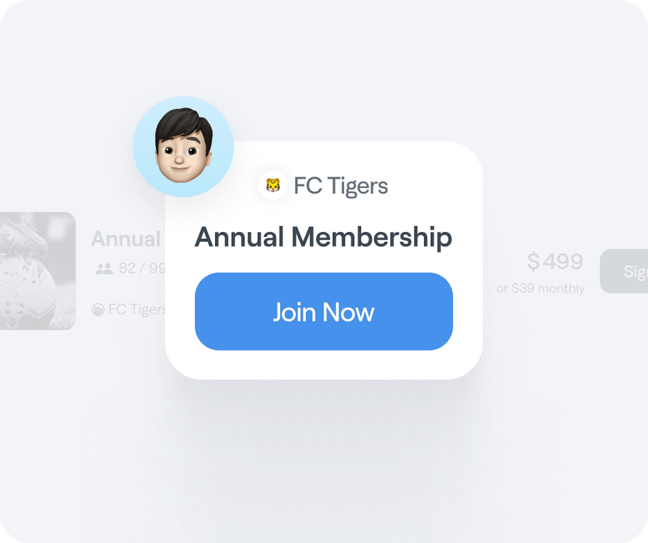 Interface graphic of a sports club member’s option to join a football club on Abler Shop