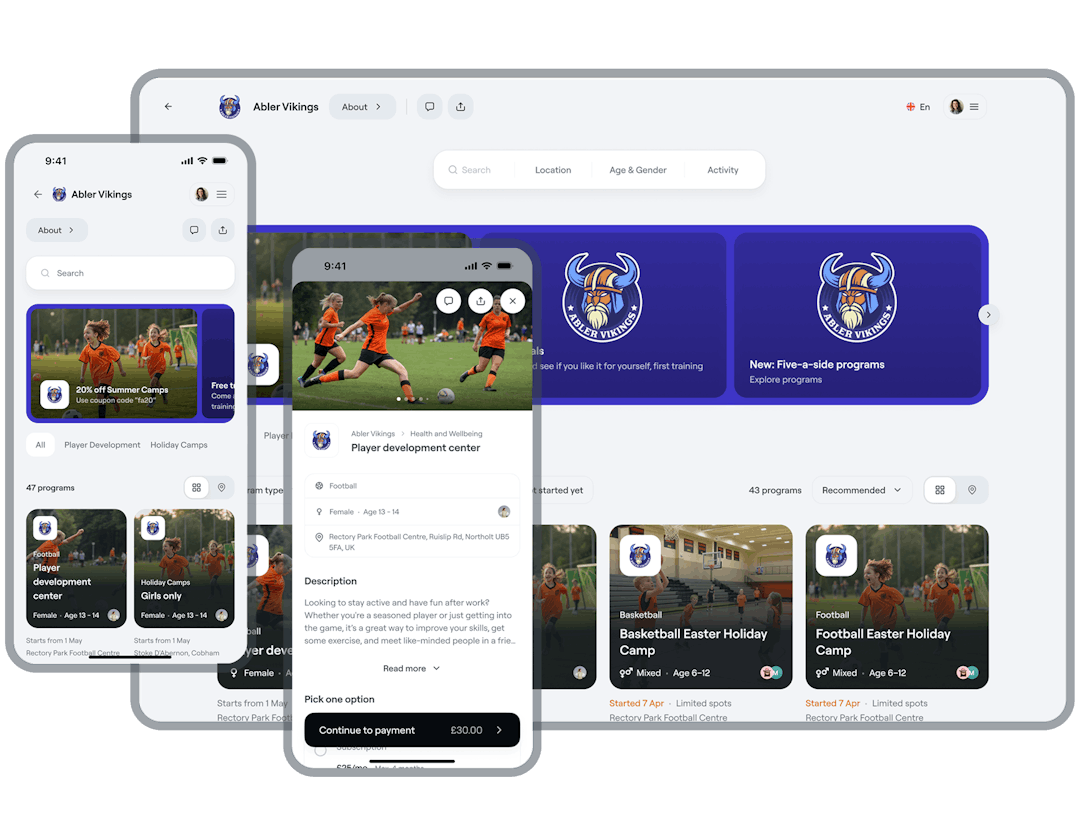 Abler Vikings responsive platform interface showing sports program browsing, booking and club management across mobile and desktop devices