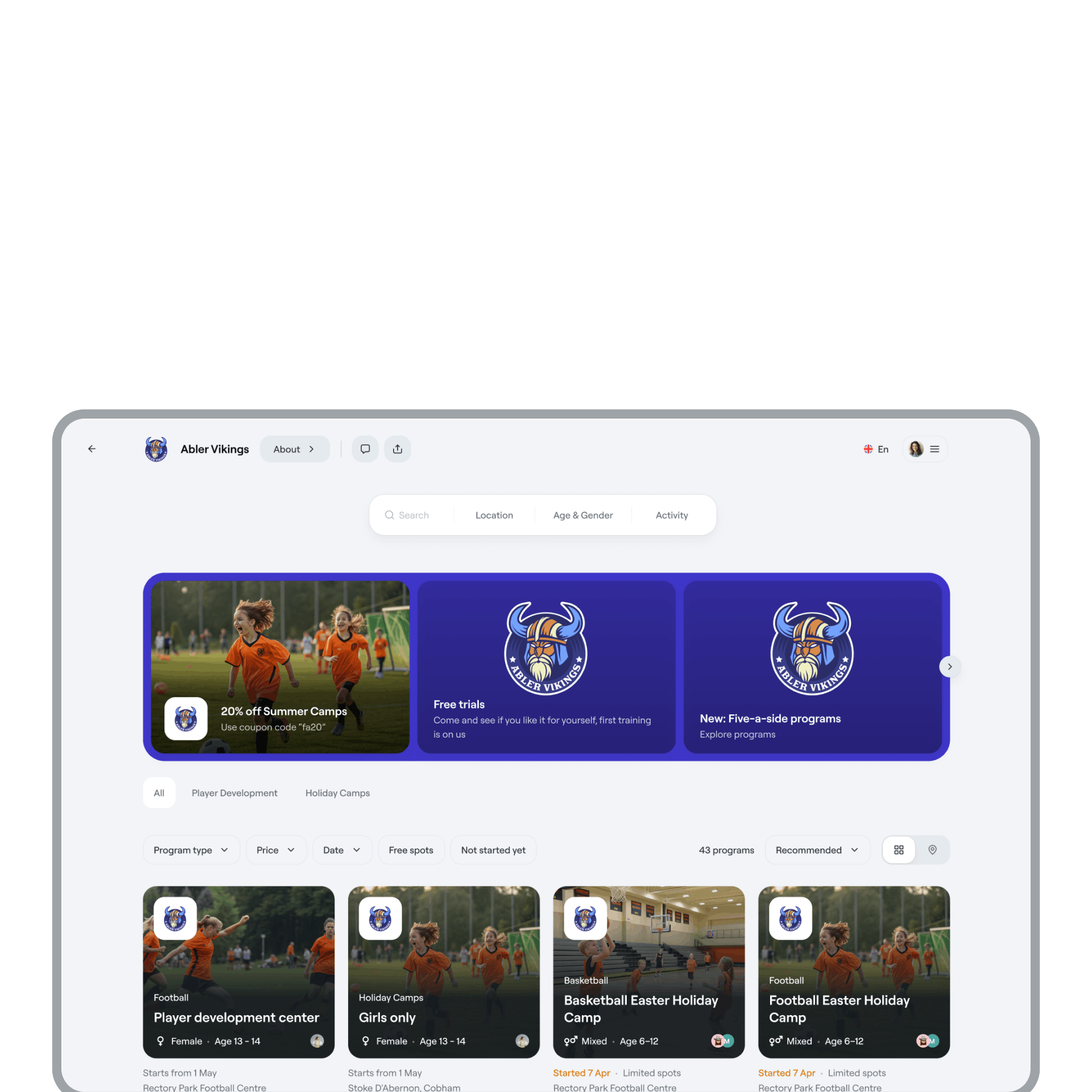 Abler Vikings desktop web interface showing sports program catalog with promotional banners, search filters and camp offerings