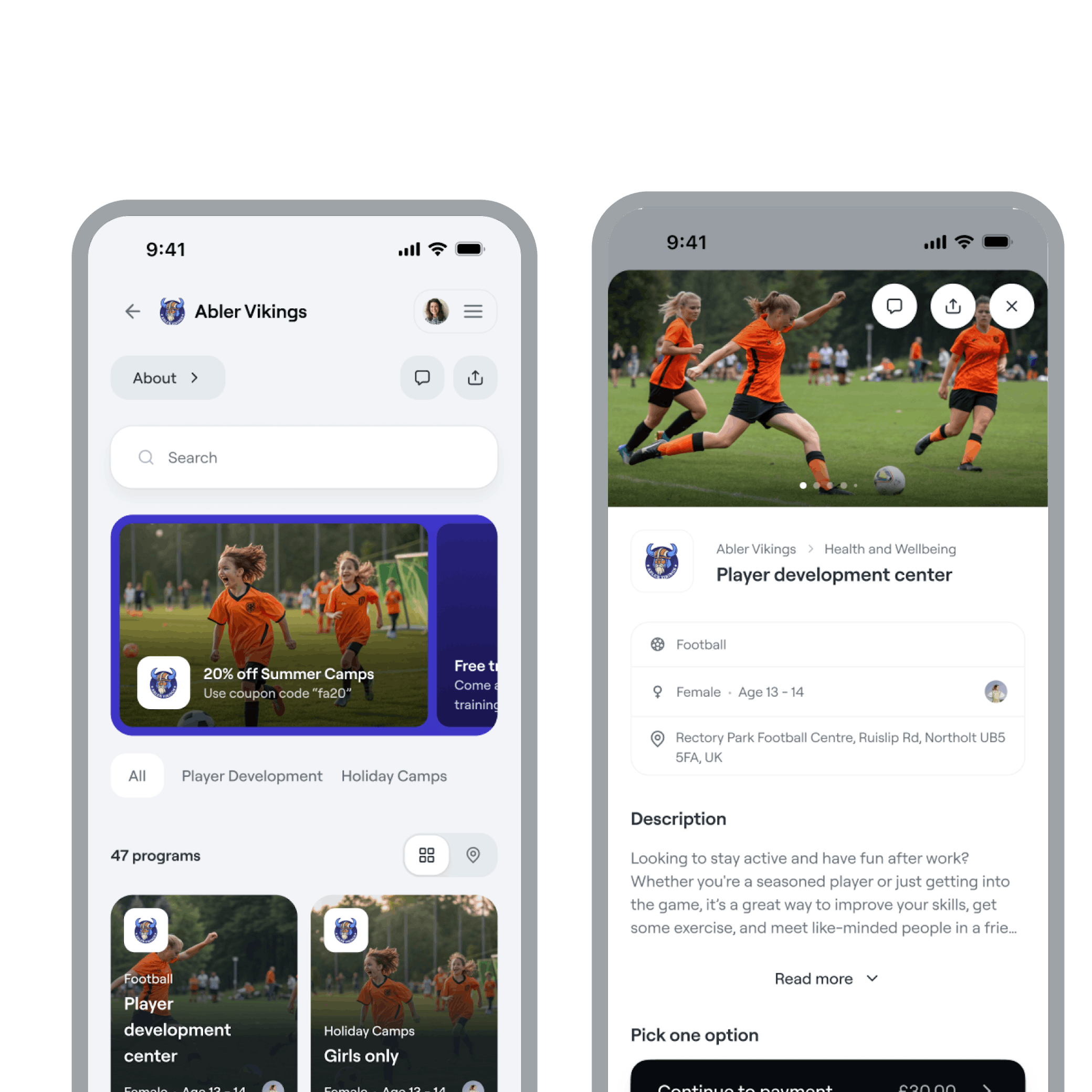 Abler Vikings mobile app showing youth football programs and player development center booking interface