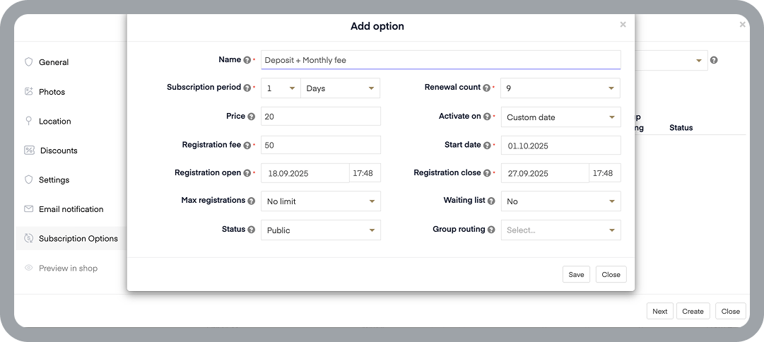 Screenshot of Abler's new Registration Fee feature interface showing the subscription service setup screen with a registration fee field set to £50, alongside subscription options including price, renewal period, and registration dates. The interface displays various settings tabs on the left and payment configuration options on the right, demonstrating how to add upfront payments to subscription services